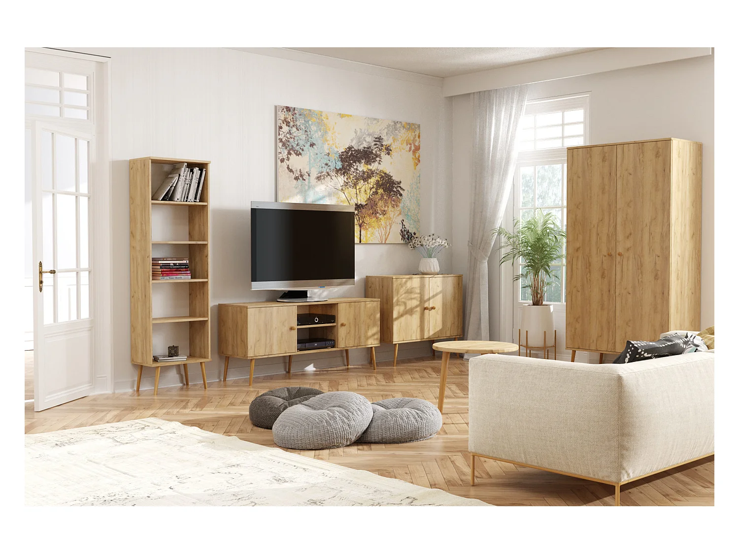 Armoire MALIBO 87 cm - 2 portes - 5 étagères - chêne craft doré