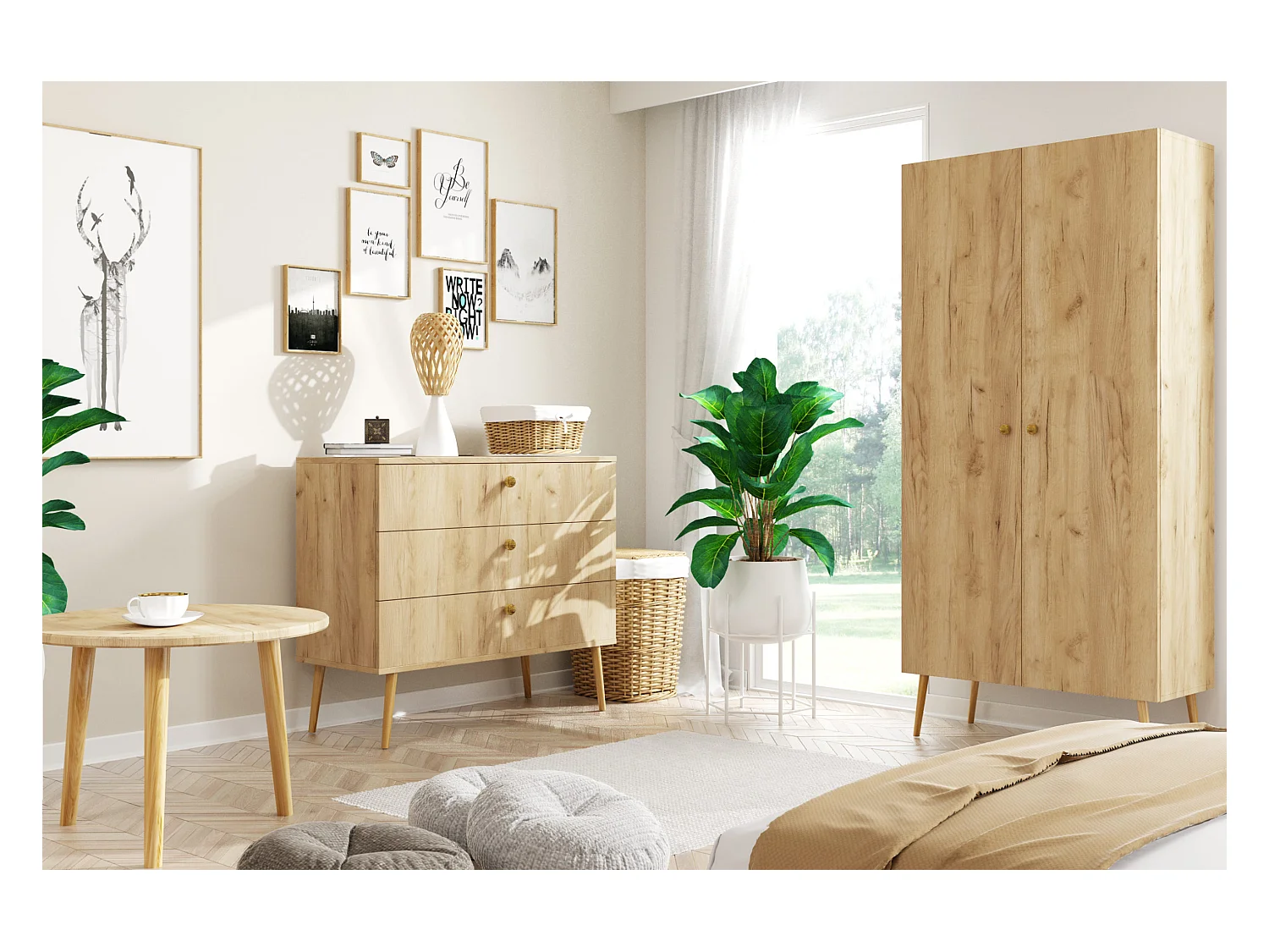 Armoire MALIBO 87 cm - 2 portes - 5 étagères - chêne craft doré