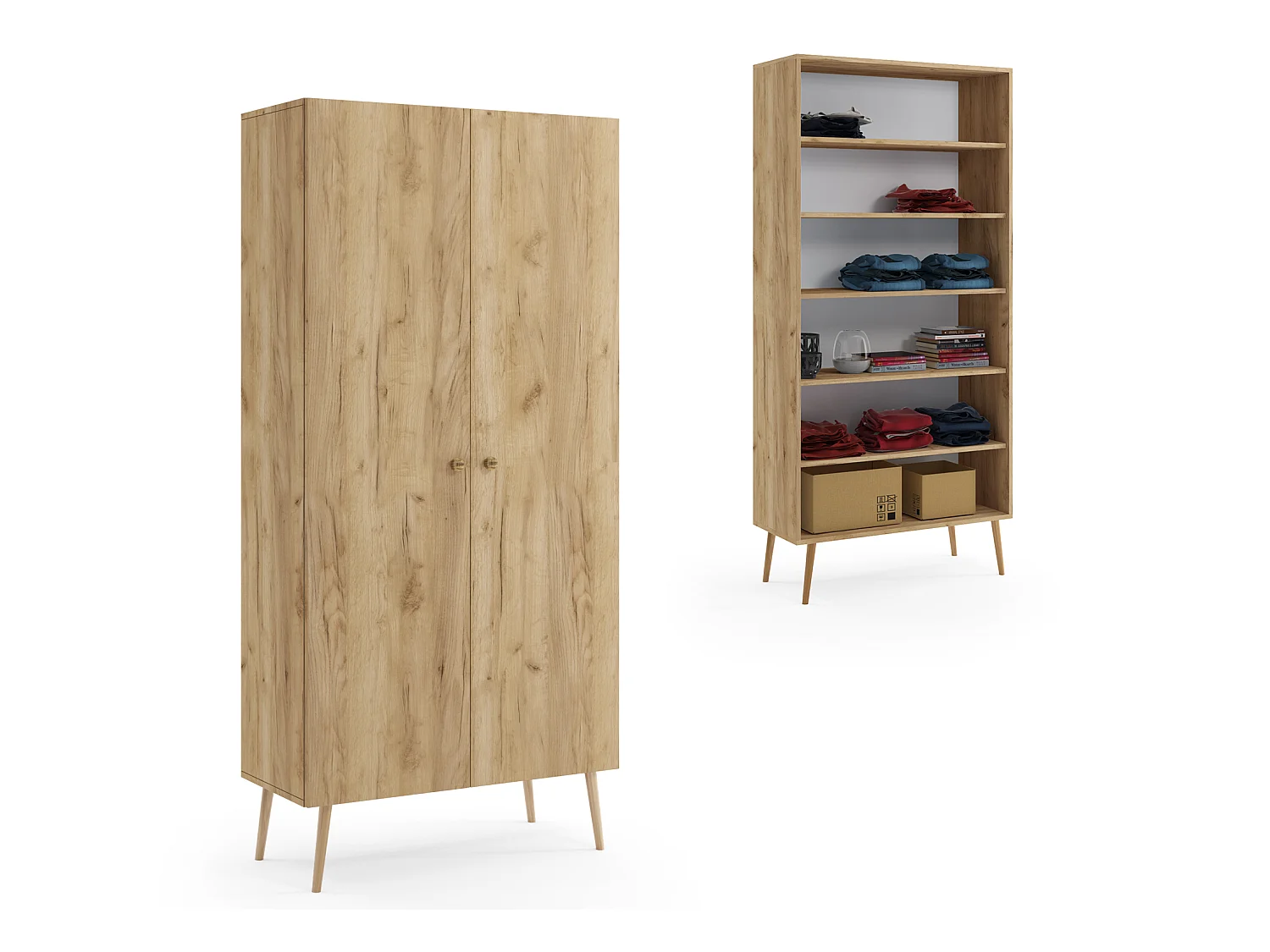 Armoire MALIBO 87 cm - 2 portes - 5 étagères - chêne craft doré