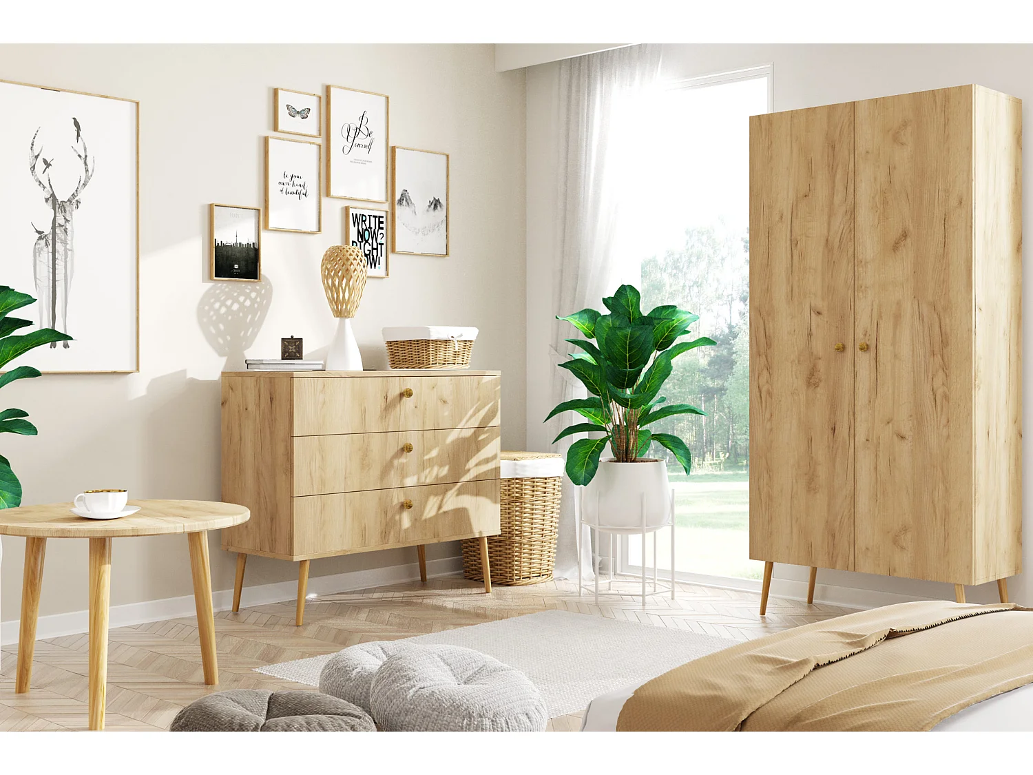 Armoire MALIBO 87 cm - 2 portes - 5 étagères - chêne craft doré