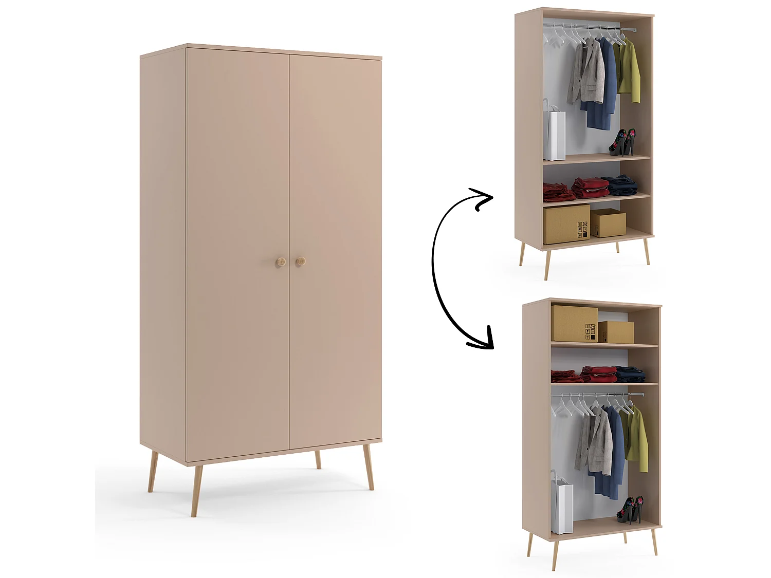 Kledingkast MALIBO 100 cm -2 deuren - 2 planken Kledingroede - macchiato