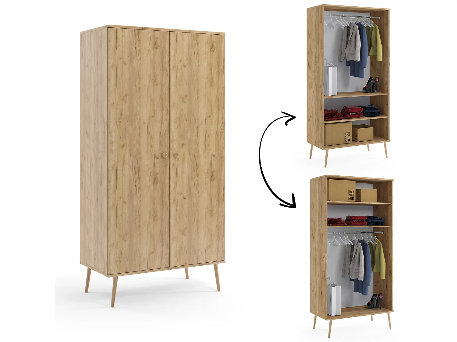 Armoire MALIBO 100 cm - 2 portes - 2 étagères tringle - chêne craft doré