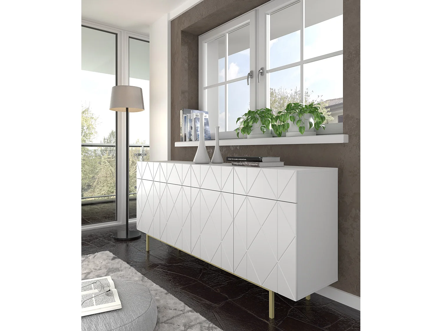 Kommode KAIRO 180 cm 4D4S gefräst Weiß Matt