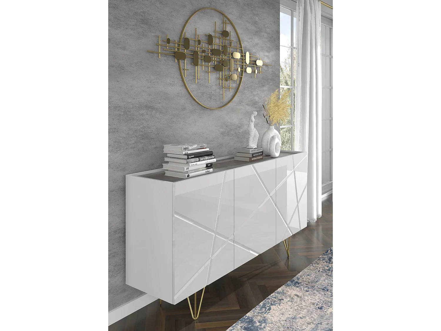 Kommode SPACE 160 cm 3D gefräst Weiß Hochglanz / Beton