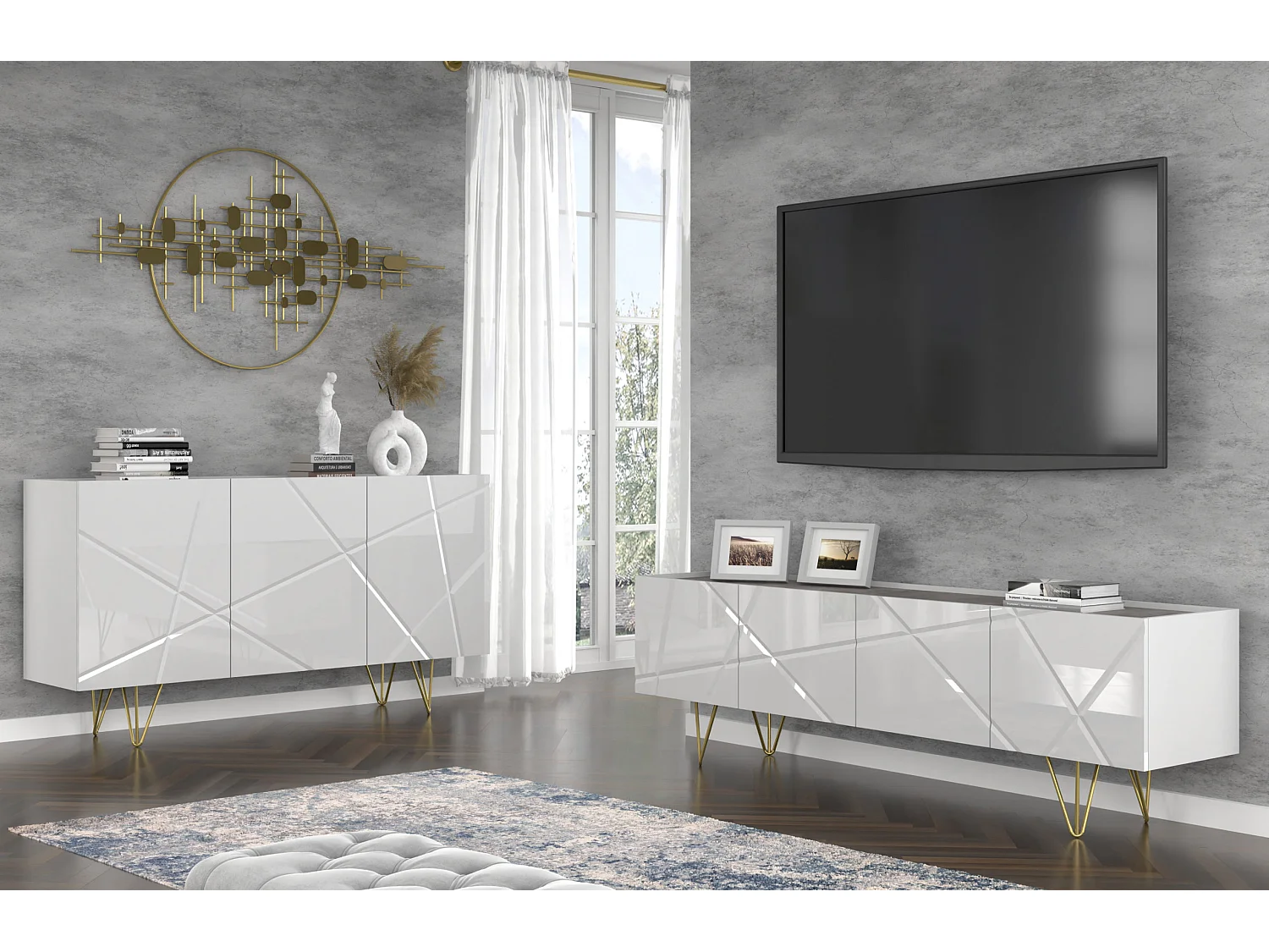 Kommode SPACE 160 cm 3D gefräst Weiß Hochglanz / Beton