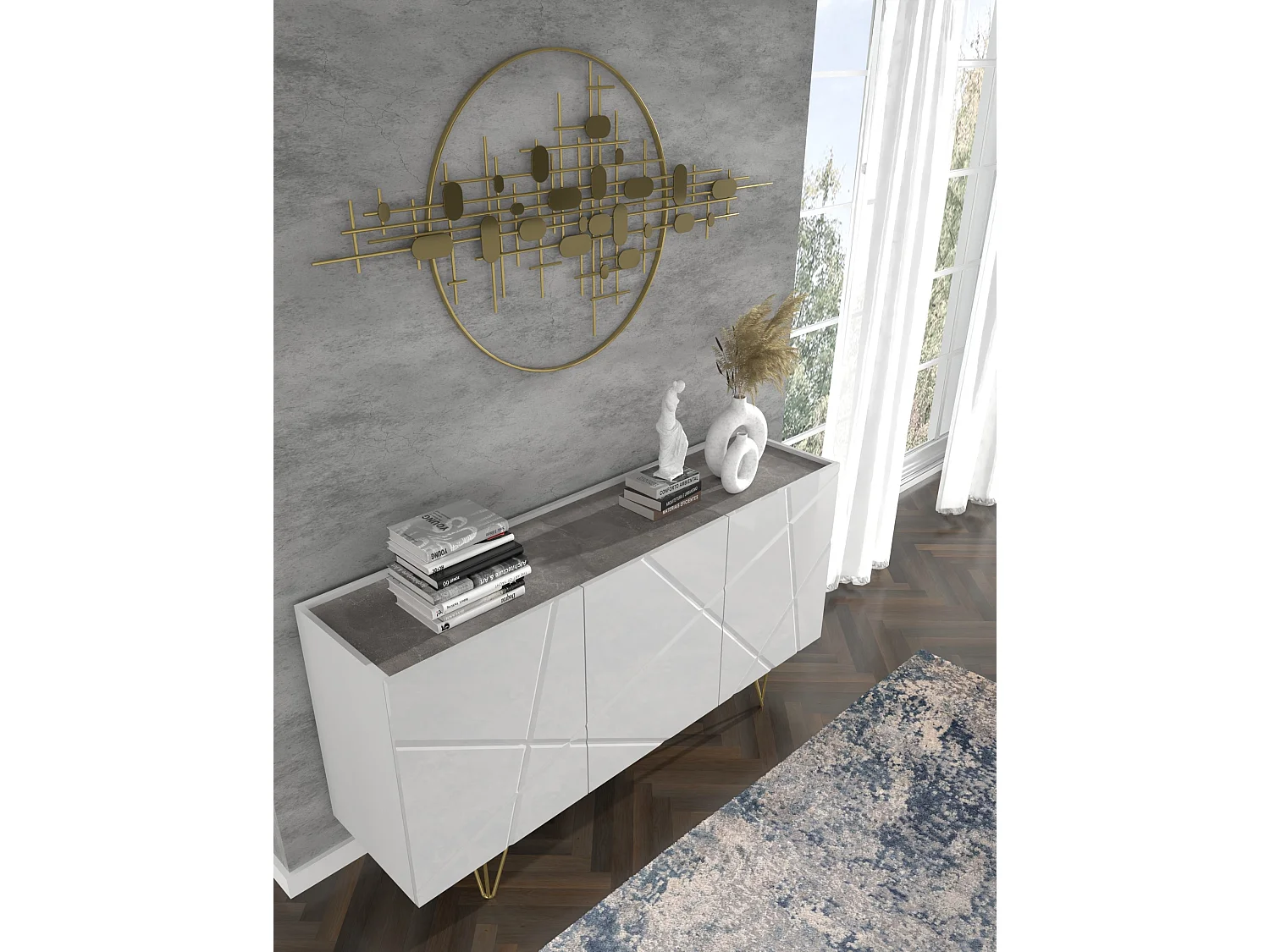 Kommode SPACE 160 cm 3D gefräst Weiß Hochglanz / Beton