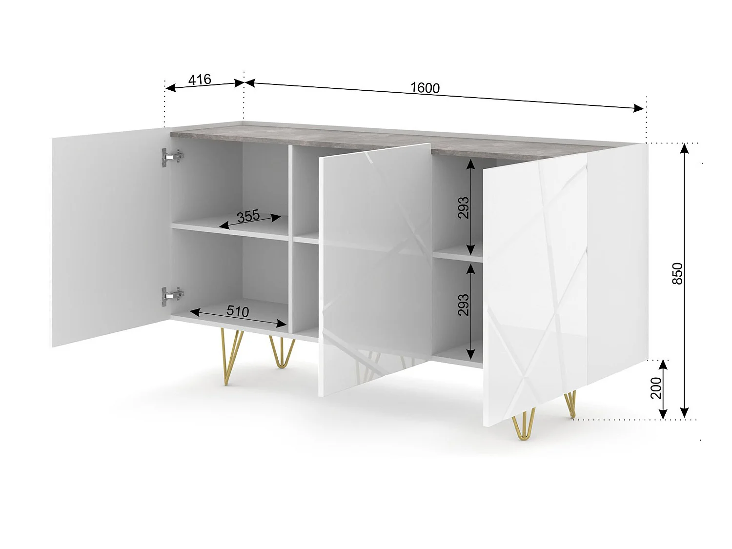 Kommode SPACE 160 cm 3D gefräst Weiß Hochglanz / Beton