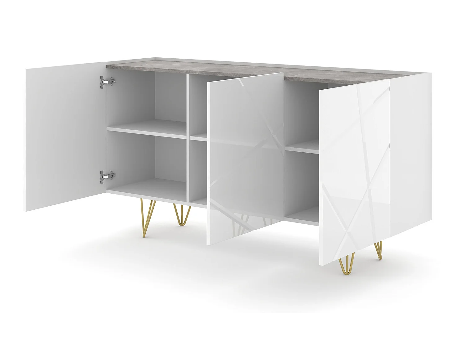 Kommode SPACE 160 cm 3D gefräst Weiß Hochglanz / Beton