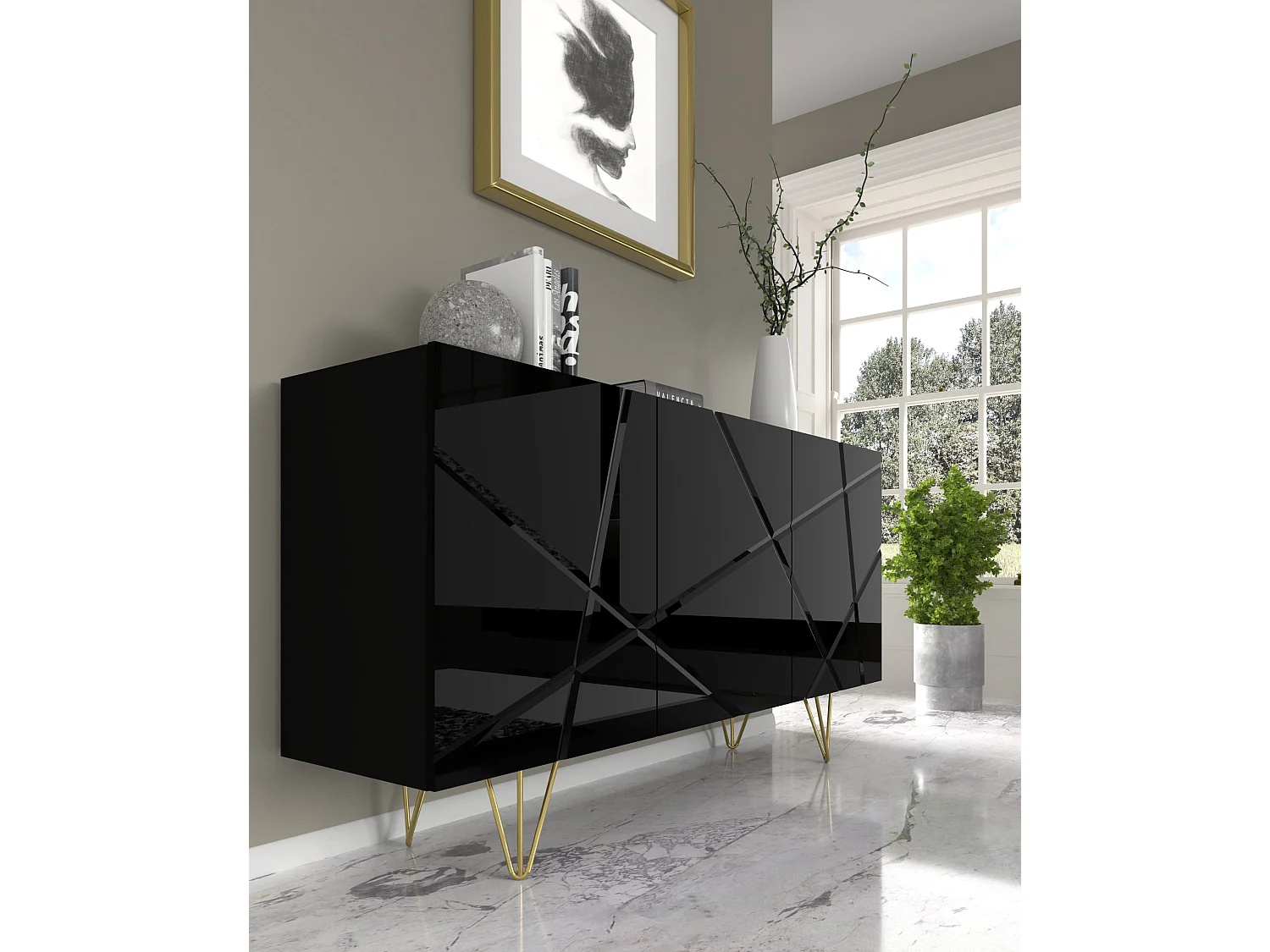 Comò SPACE 160 cm 3D fresato nero lucido