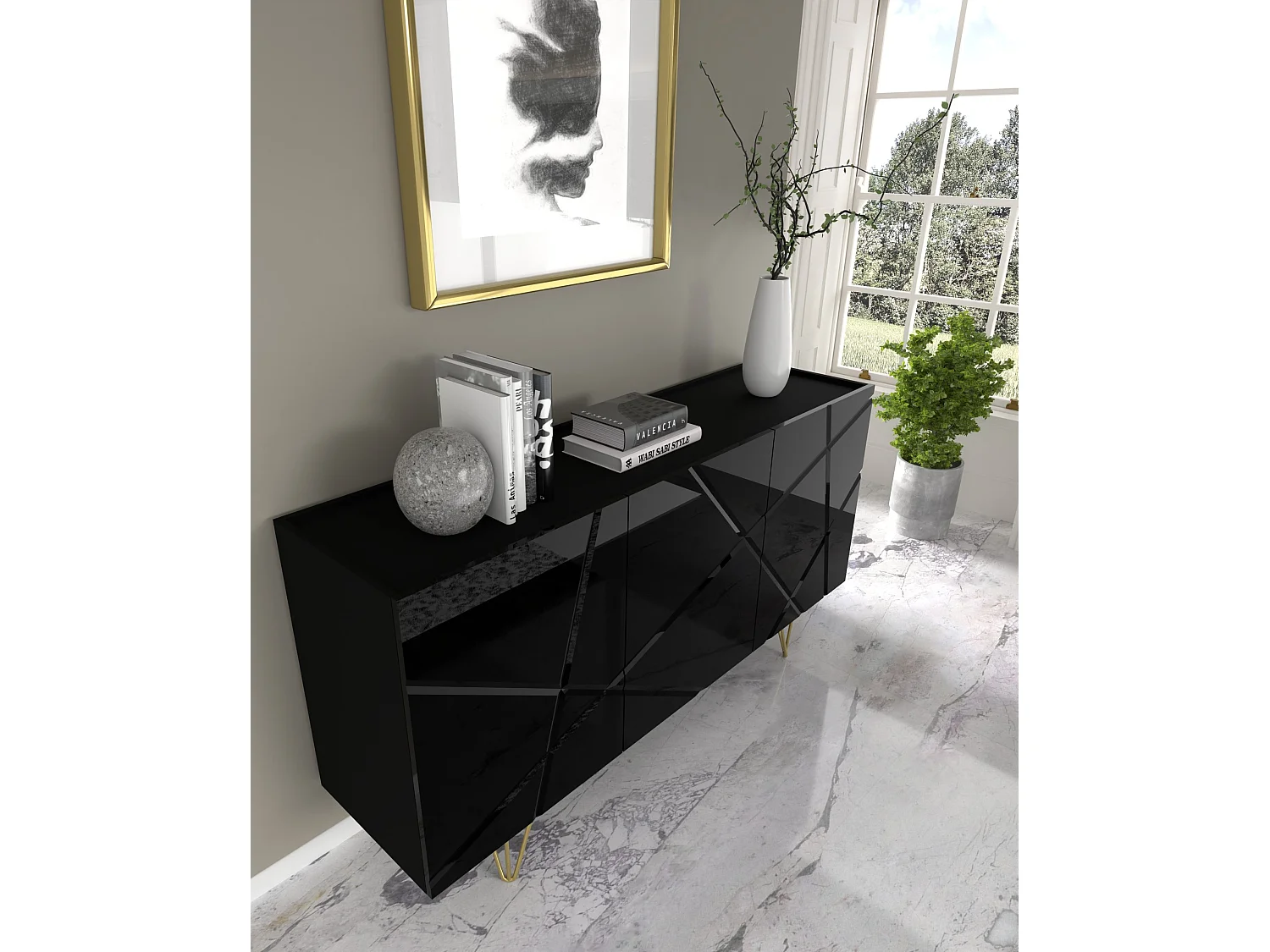 Comò SPACE 160 cm 3D fresato nero lucido