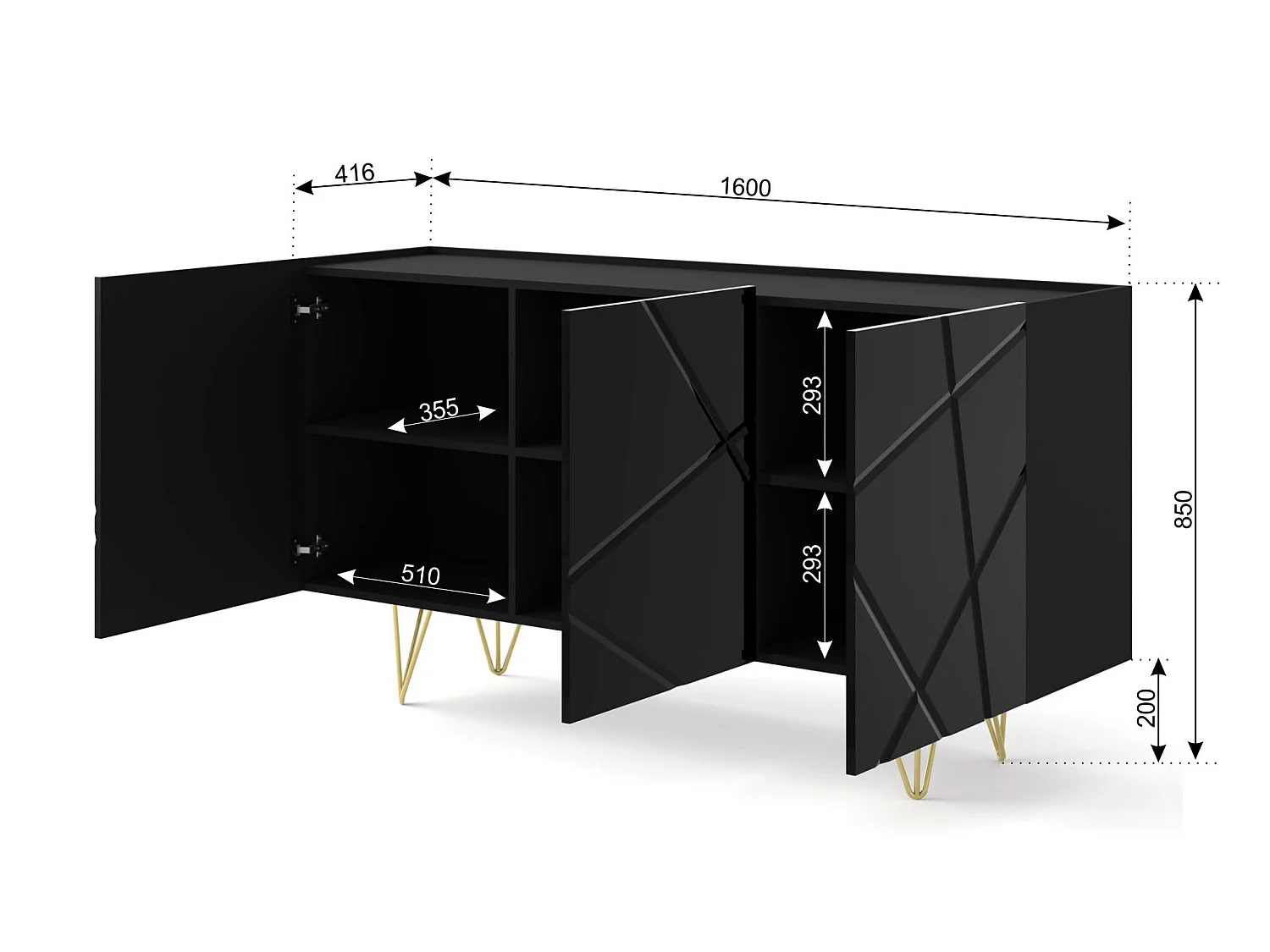 Comò SPACE 160 cm 3D fresato nero lucido