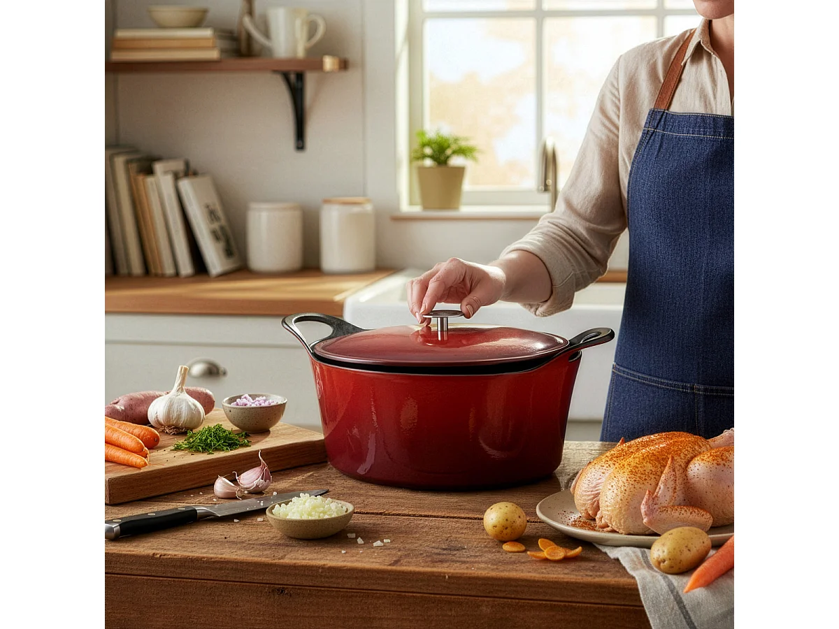 Volcan - Cocotte ovale 29cm fonte de fer émaillée rouge avec couvercle