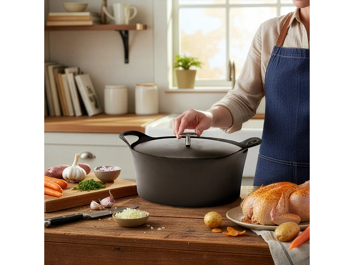 Volcan - Cocotte ovale 29cm fonte de fer émaillée noire avec couvercle