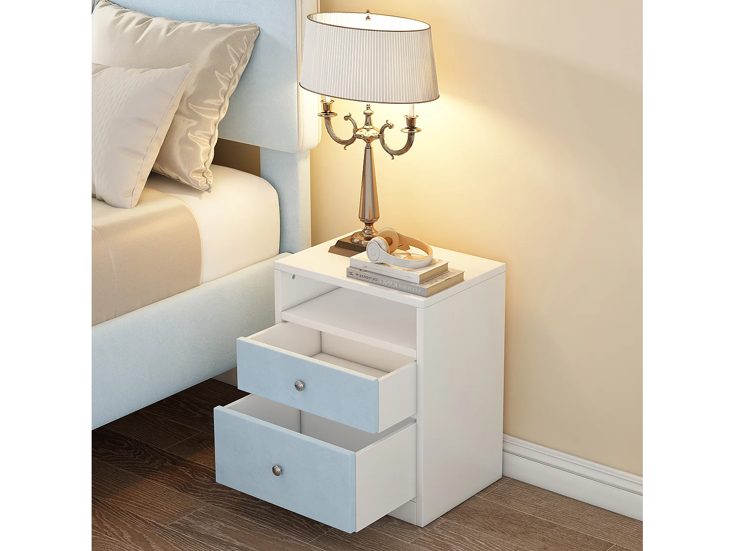 Nachtkastje - 2 lades en 1 nis - hout + fluweel - Kleur: Wit en blauw