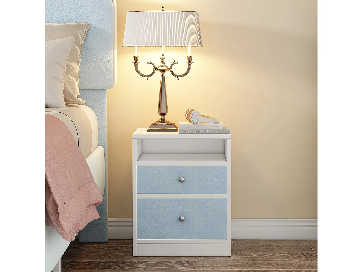 Nachtkastje - 2 lades en 1 nis - hout + fluweel - Kleur: Wit en blauw