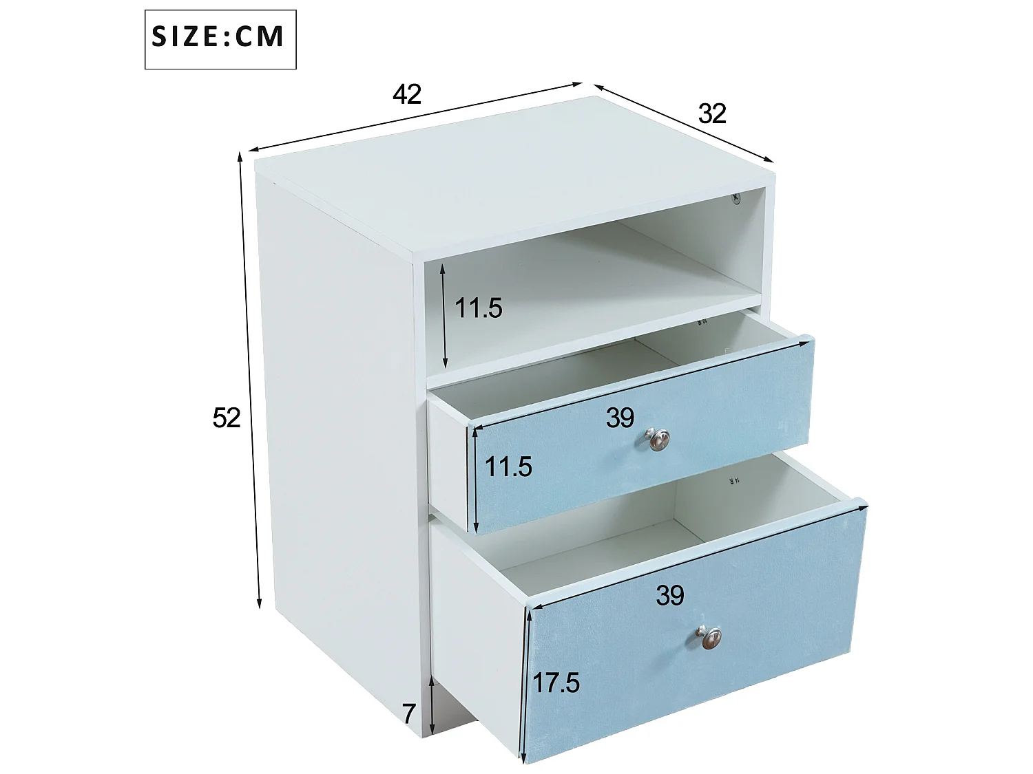 Nachtkastje - 2 lades en 1 nis - hout + fluweel - Kleur: Wit en blauw
