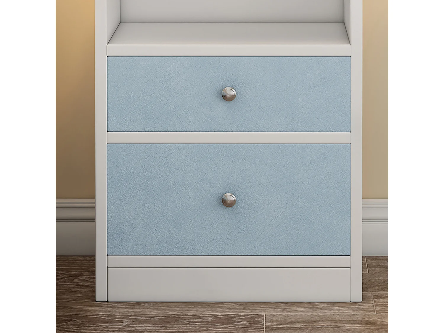 Nachtkastje - 2 lades en 1 nis - hout + fluweel - Kleur: Wit en blauw