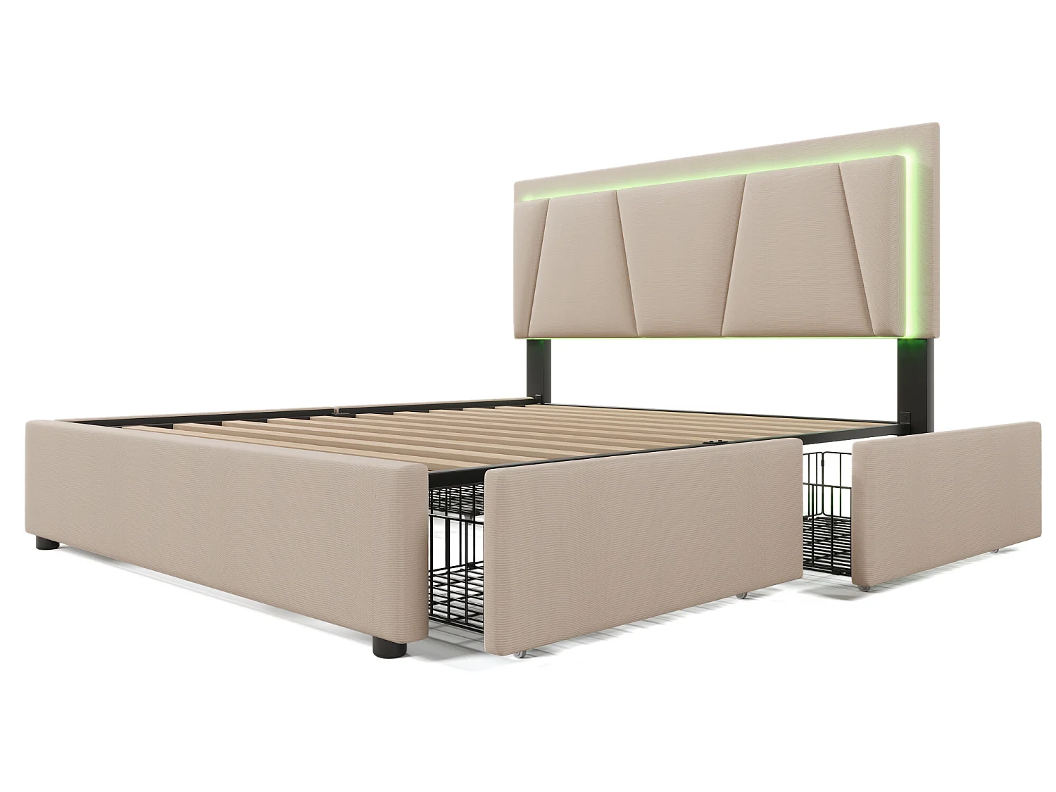 Bed met verstelbaar hoofdeinde - 140 x 200 cm - 4 lades - LED's - Linnen stof - beige kleur