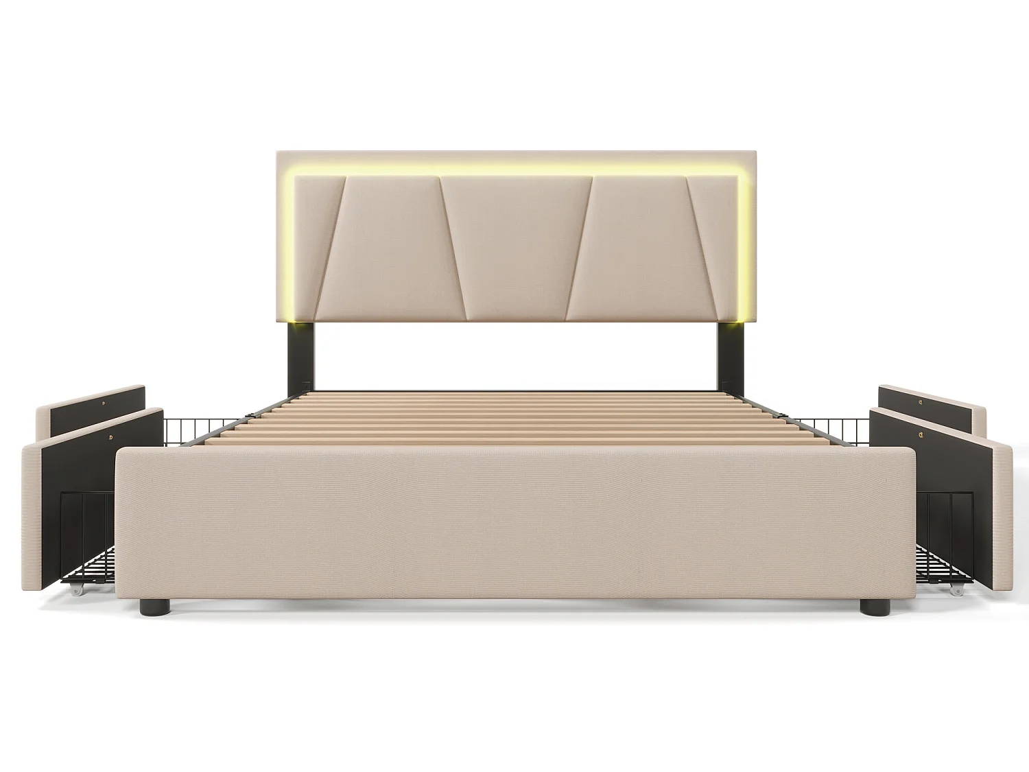 Bed met verstelbaar hoofdeinde - 140 x 200 cm - 4 lades - LED's - Linnen stof - beige kleur
