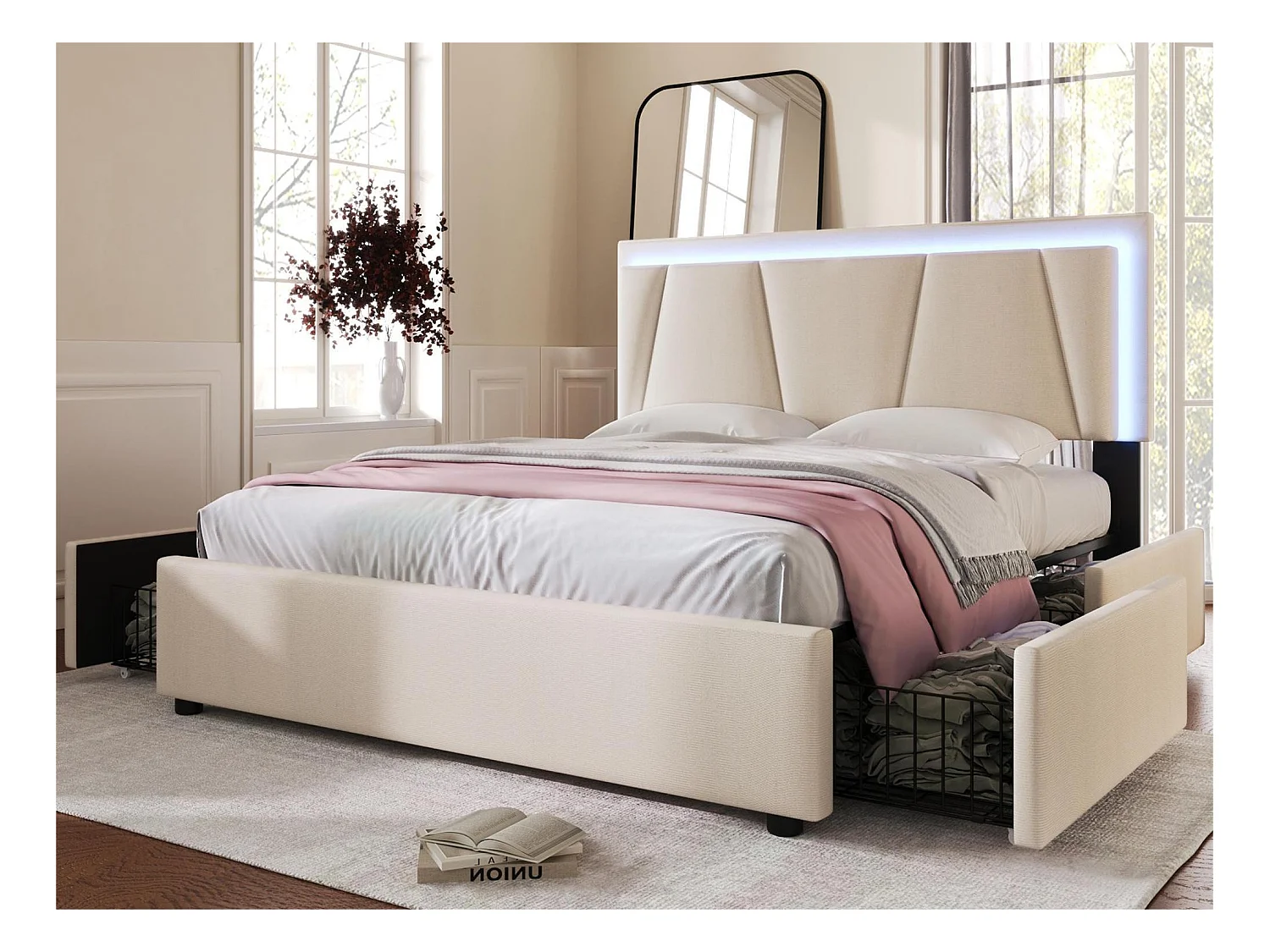 Lit avec tête de lit réglable - 140 x 200 cm - 4 tiroirs - LEDs - Tissu en lin - coloris beige