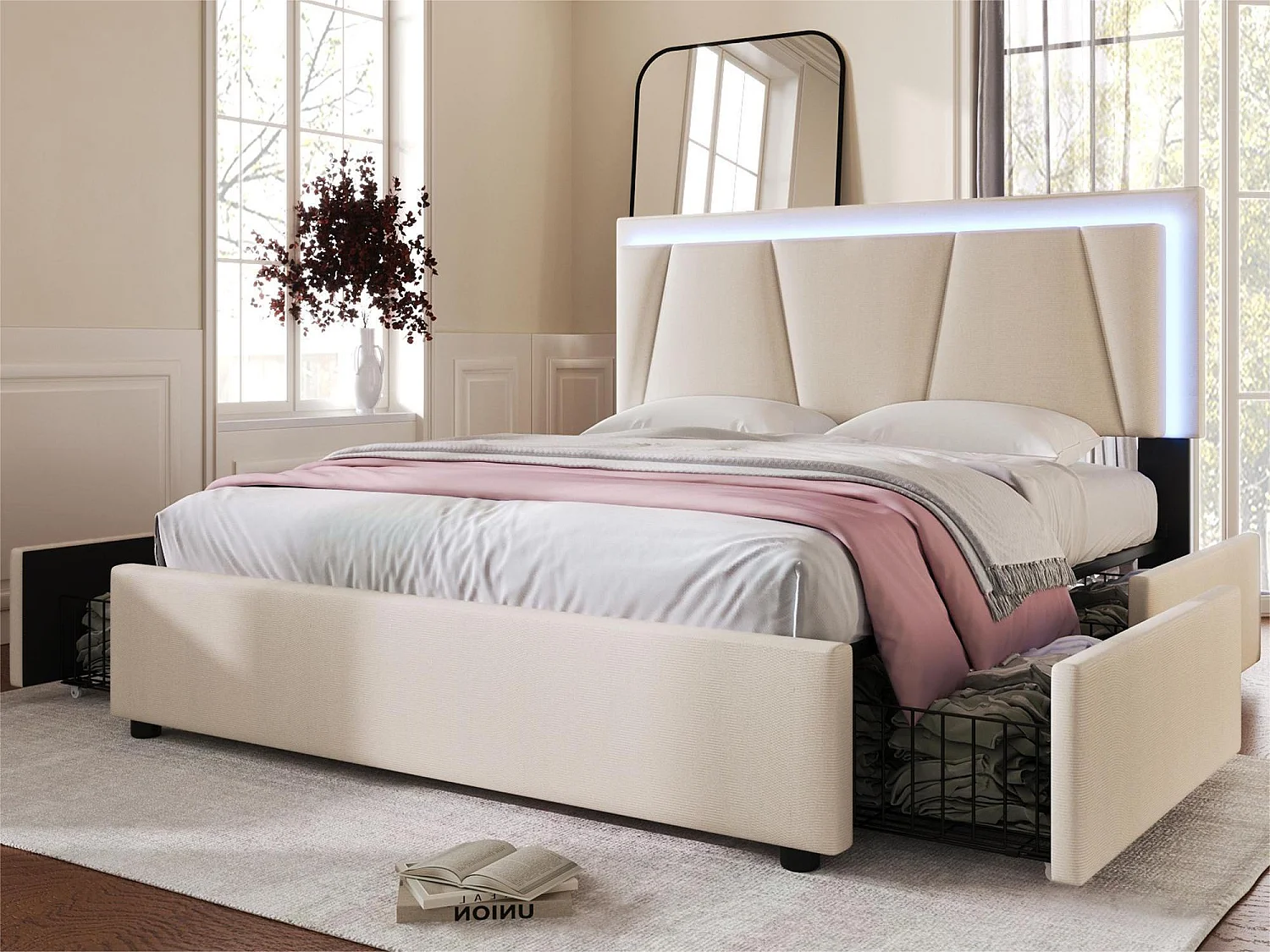 Bed met verstelbaar hoofdeinde - 140 x 200 cm - 4 lades - LED's - Linnen stof - beige kleur