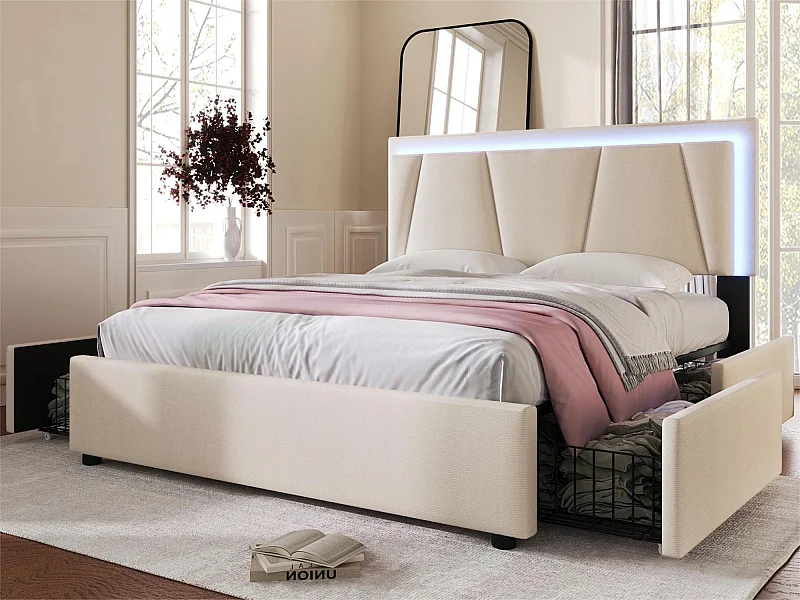 Bed met verstelbaar hoofdeinde - 140 x 200 cm - 4 lades - LED's - Linnen stof - beige kleur