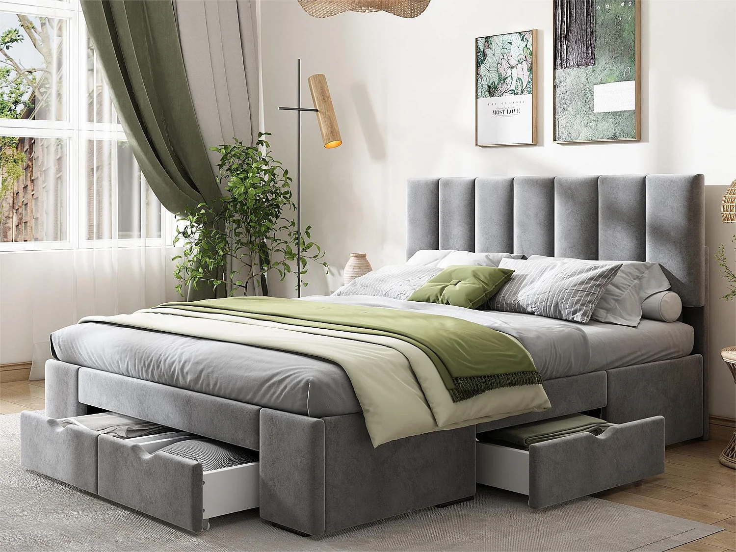 Bed met hoofdeinde - 140 x 200 cm - 4 lades - fluweel - lattenbodem - kleur grijs