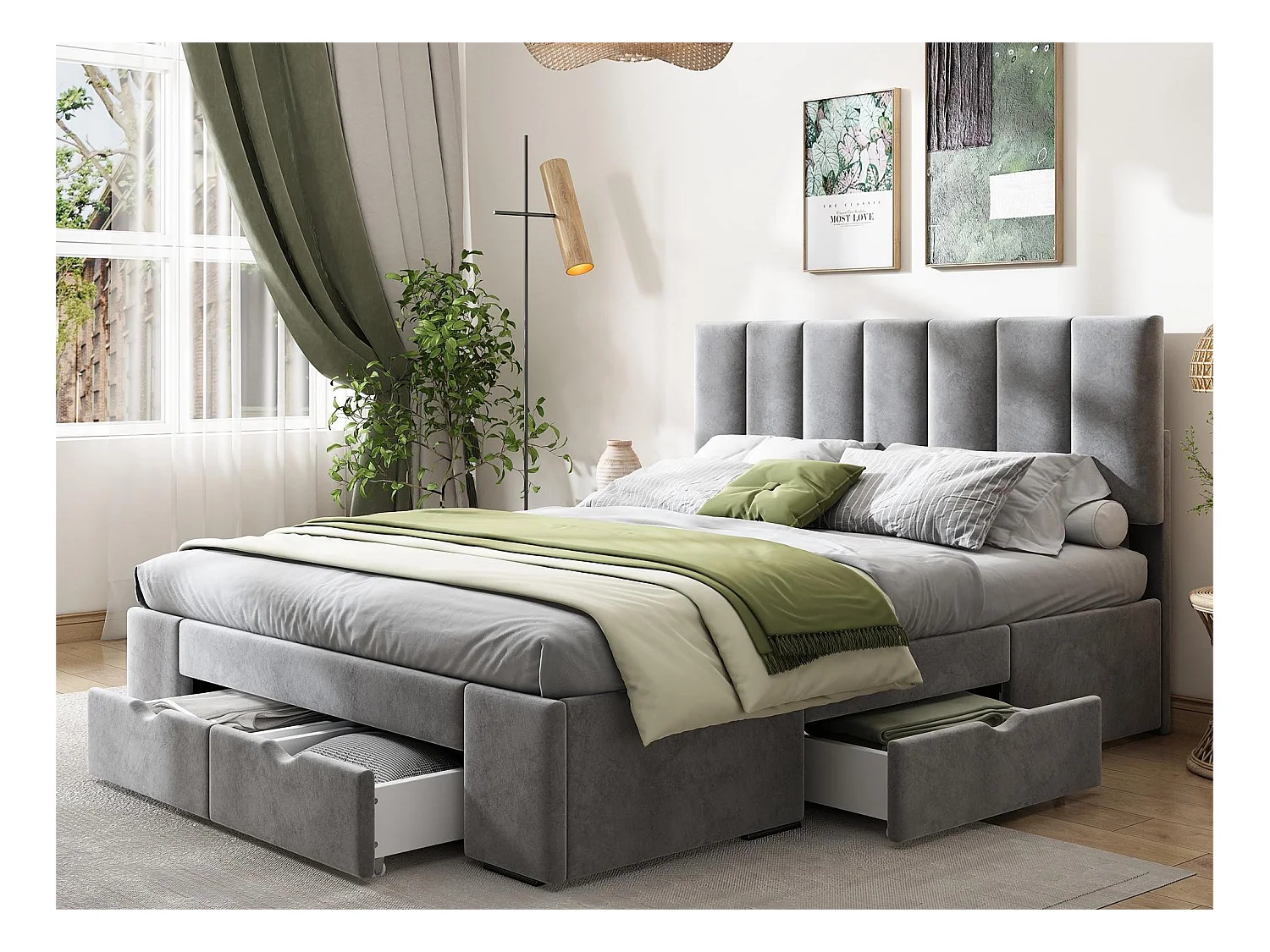 Lit avec tête de lit - 140 x 200 cm - 4 tiroirs - velours - sommier à lattes - coloris gris