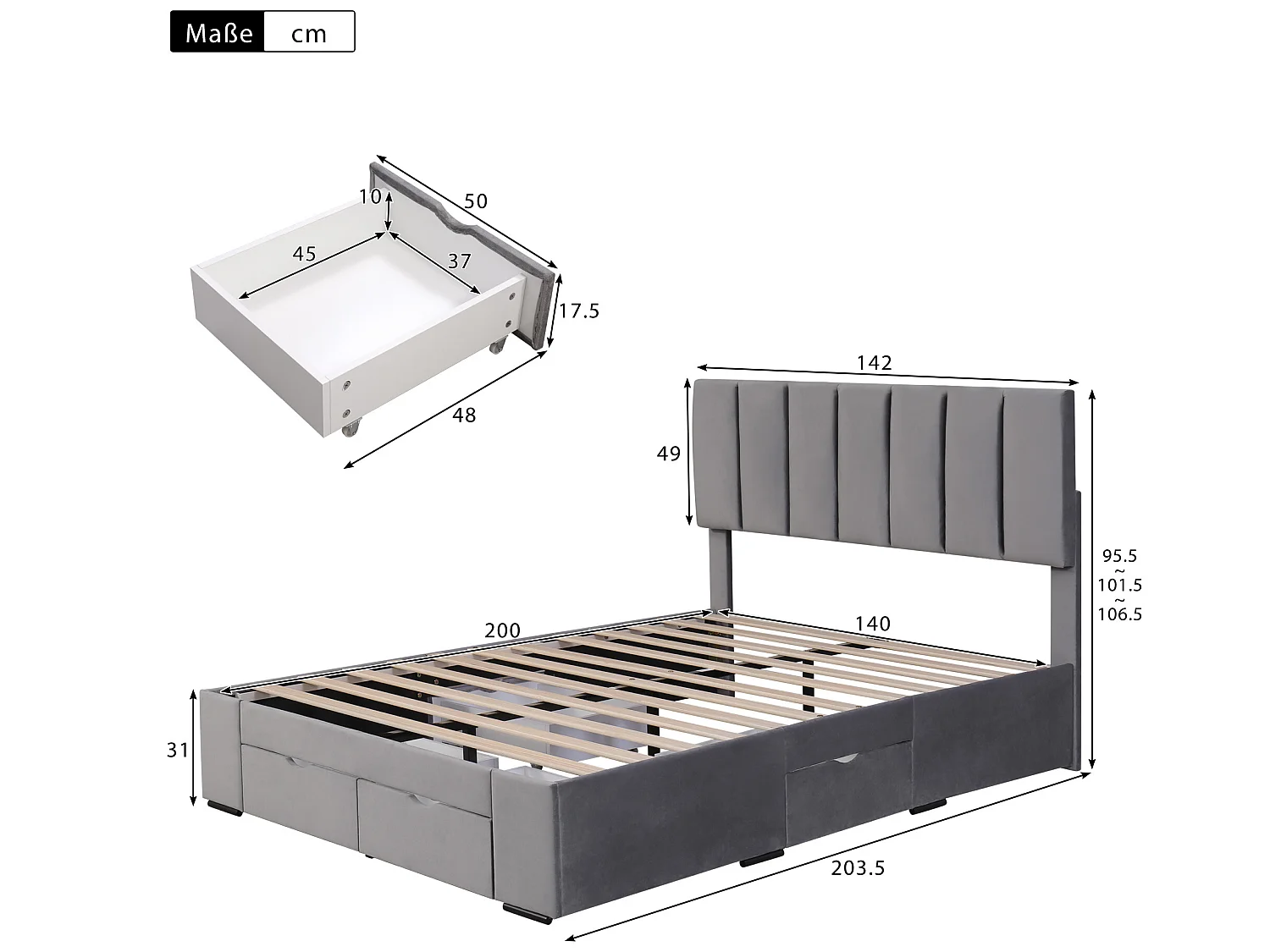Bed met hoofdeinde - 140 x 200 cm - 4 lades - fluweel - lattenbodem - kleur grijs