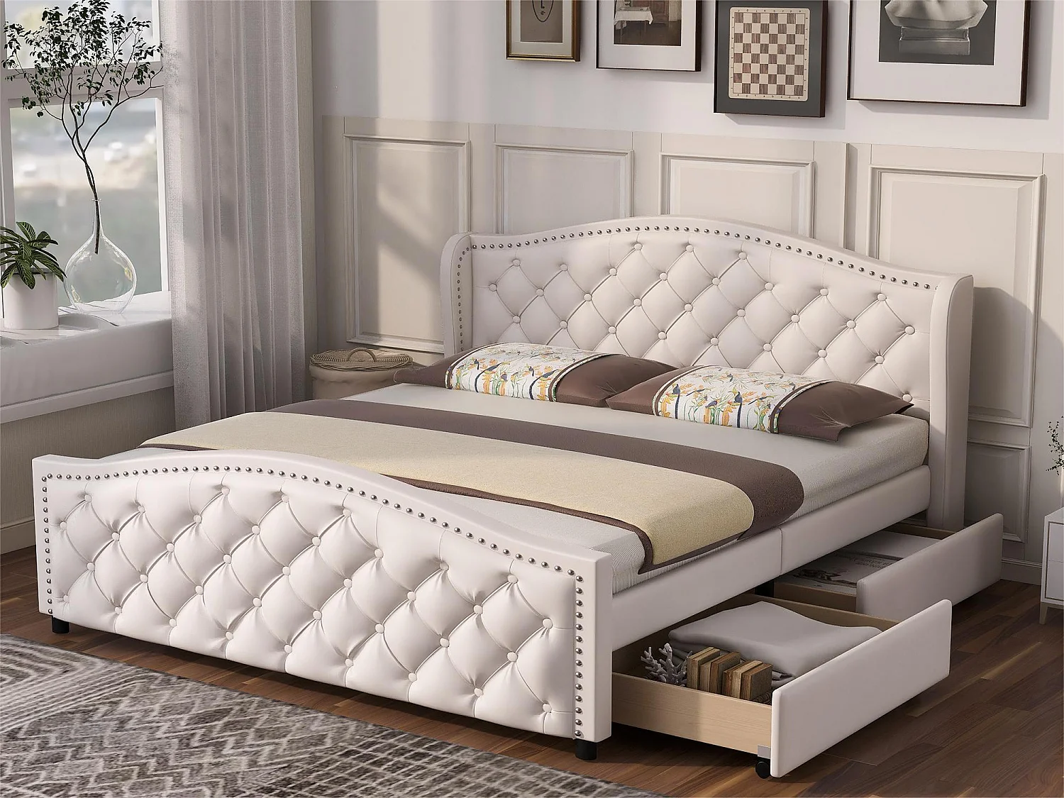 Cama con cabecero - 140 x 200 cm - 2 cajones - PU - somier de láminas - color blanco