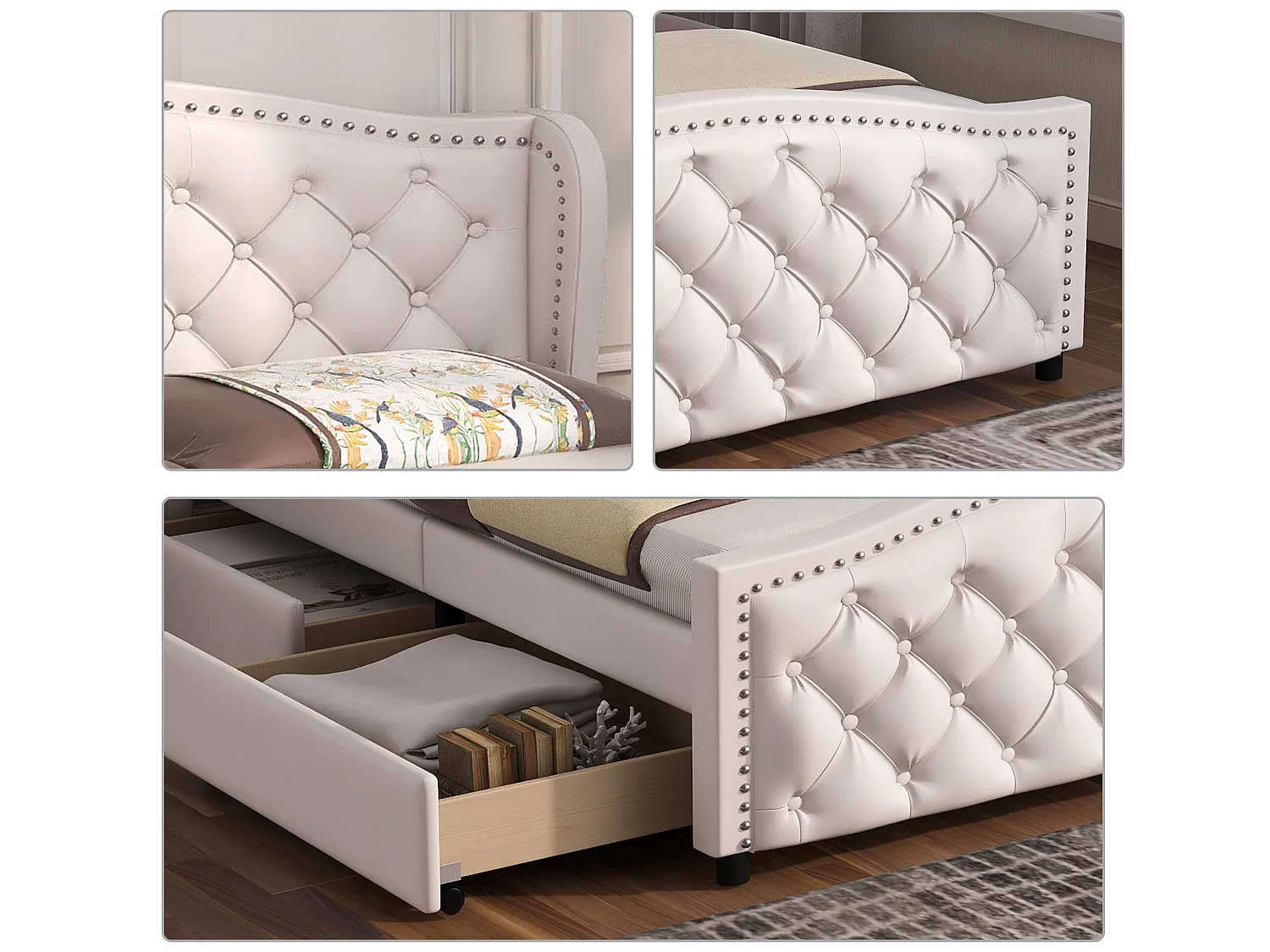 Cama con cabecero - 140 x 200 cm - 2 cajones - PU - somier de láminas - color blanco