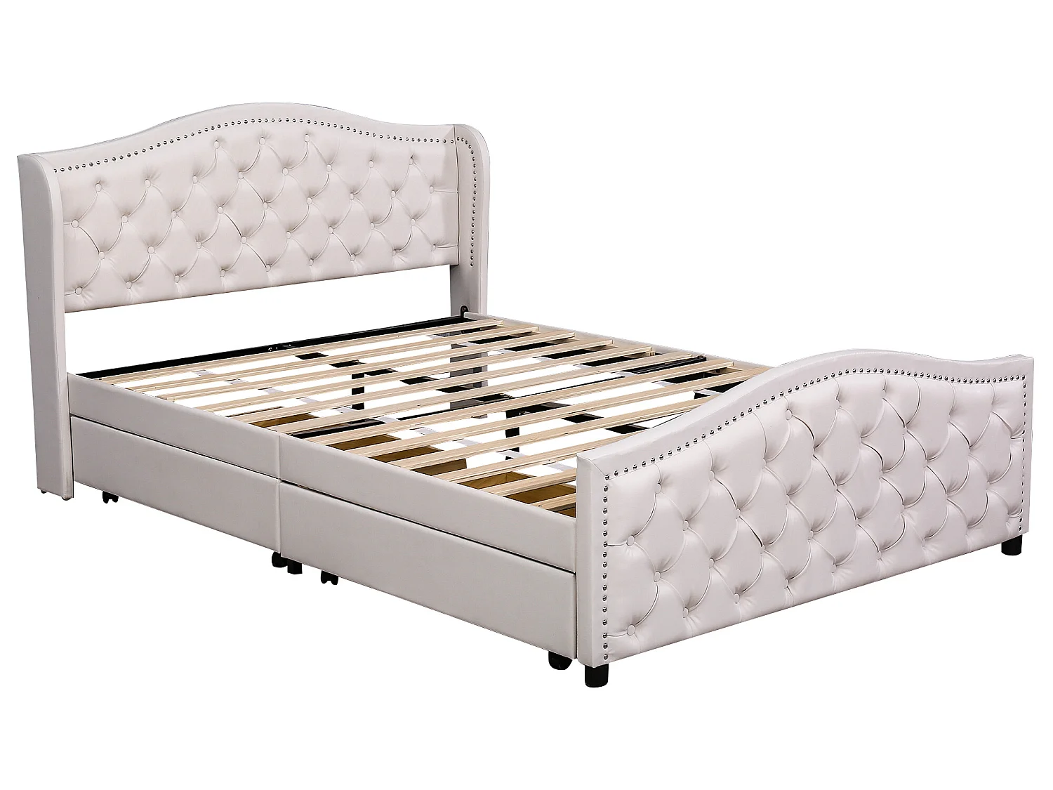 Cama con cabecero - 140 x 200 cm - 2 cajones - PU - somier de láminas - color blanco