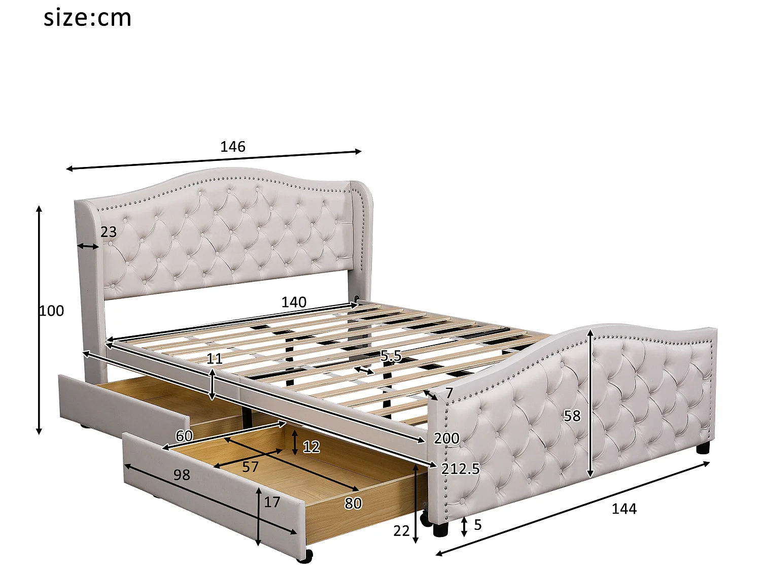 Cama con cabecero - 140 x 200 cm - 2 cajones - PU - somier de láminas - color blanco