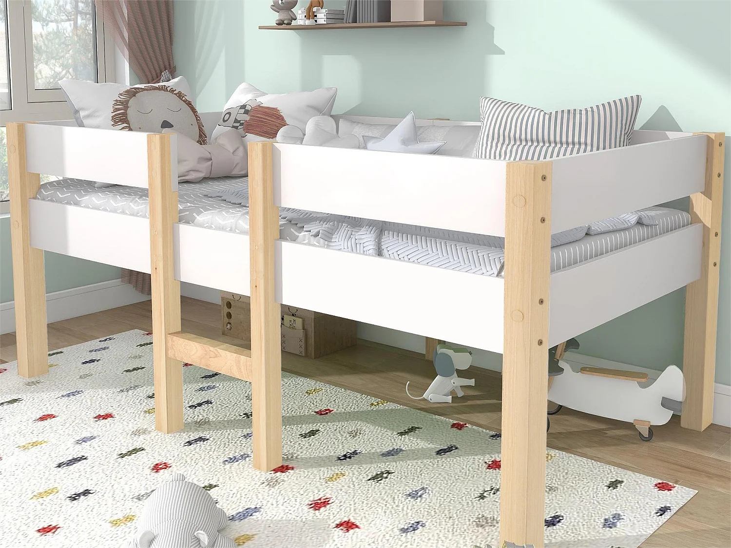 Mittelhohes Bett – 90 x 200 cm – Kiefernholz – Lattenrost – Farben: Weiß und Eiche