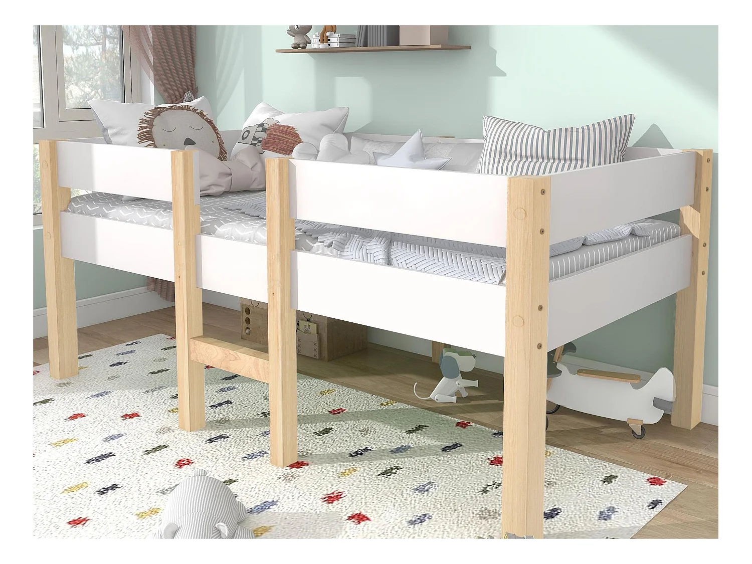 Lit mi-hauteur - 90 x 200 cm - bois de pin - sommier à lattes - coloris: blanc et chêne