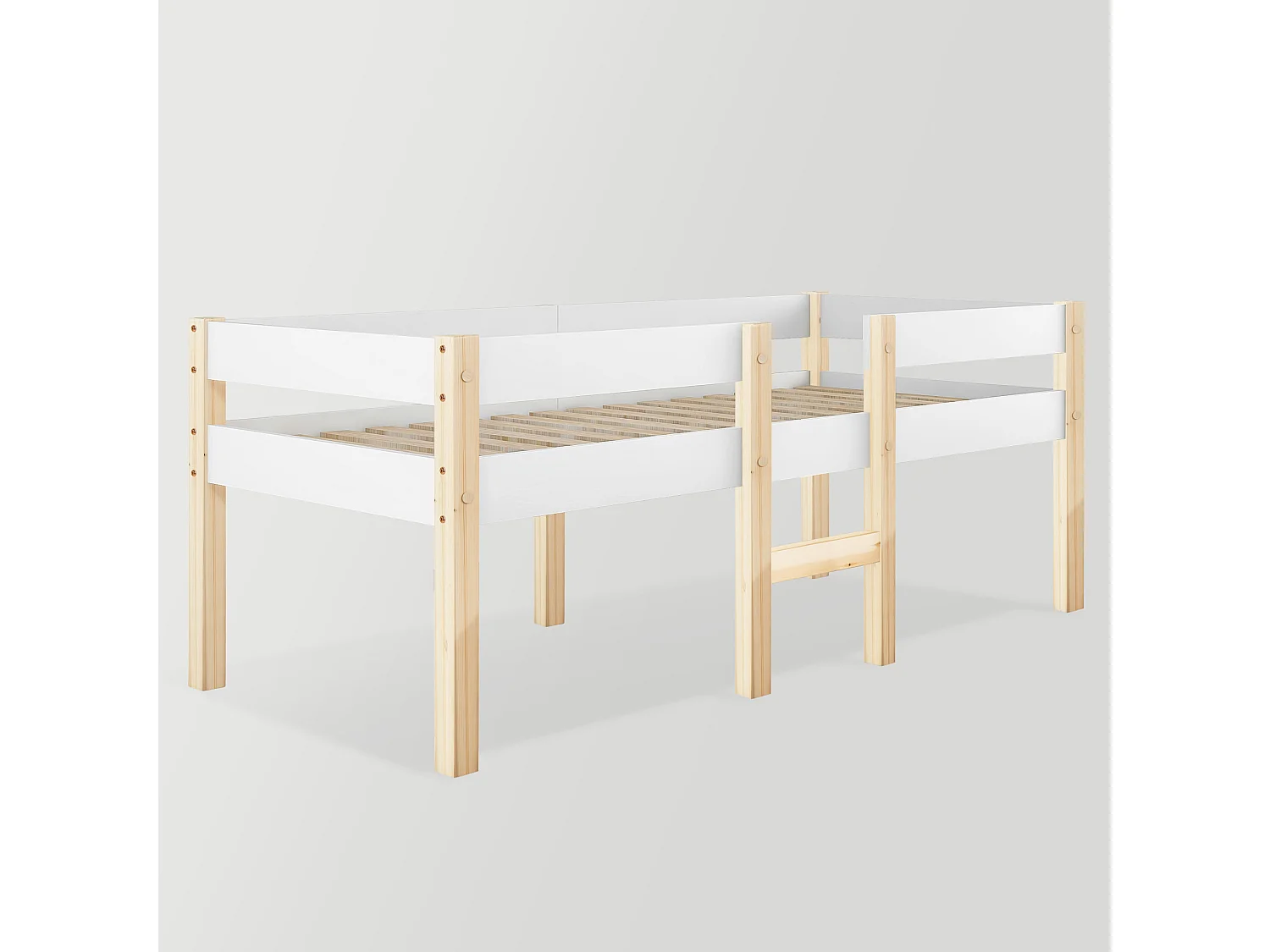 Łóżko średniej wysokości - 90 x 200 cm - drewno sosnowe - stelaż z listew - kolory: biały i dąb