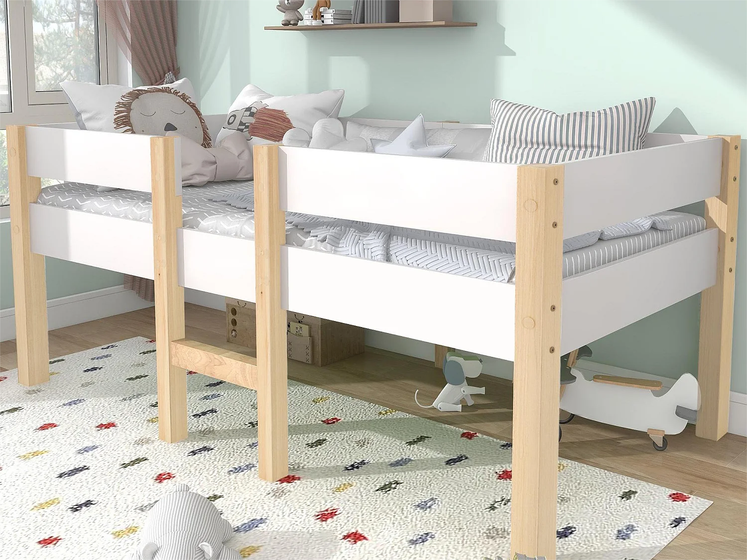 Halfhoog bed - 90 x 200 cm - grenenhout - lattenbodem - kleuren: wit en eiken