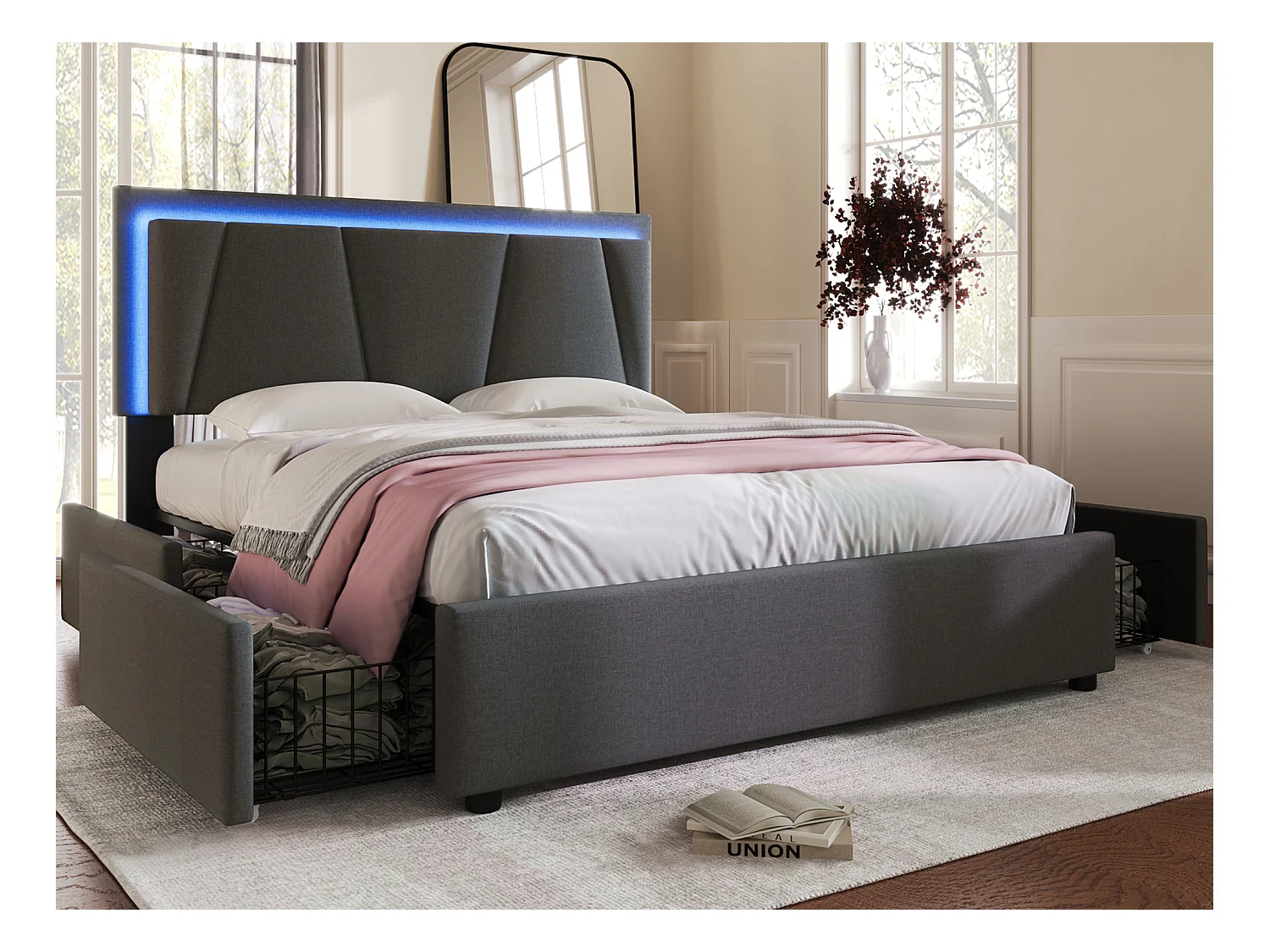 Lit avec tête de lit réglable - 160 x 200 cm - 4 tiroirs - LEDs - sommier à lattes - coloris gris