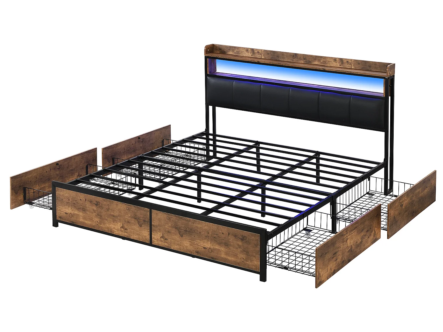 Polsterbett mit Kopfteil – 160 x 200 cm – 4 Schubladen – LEDs – Lattenrost – Farben Braun und Schwarz