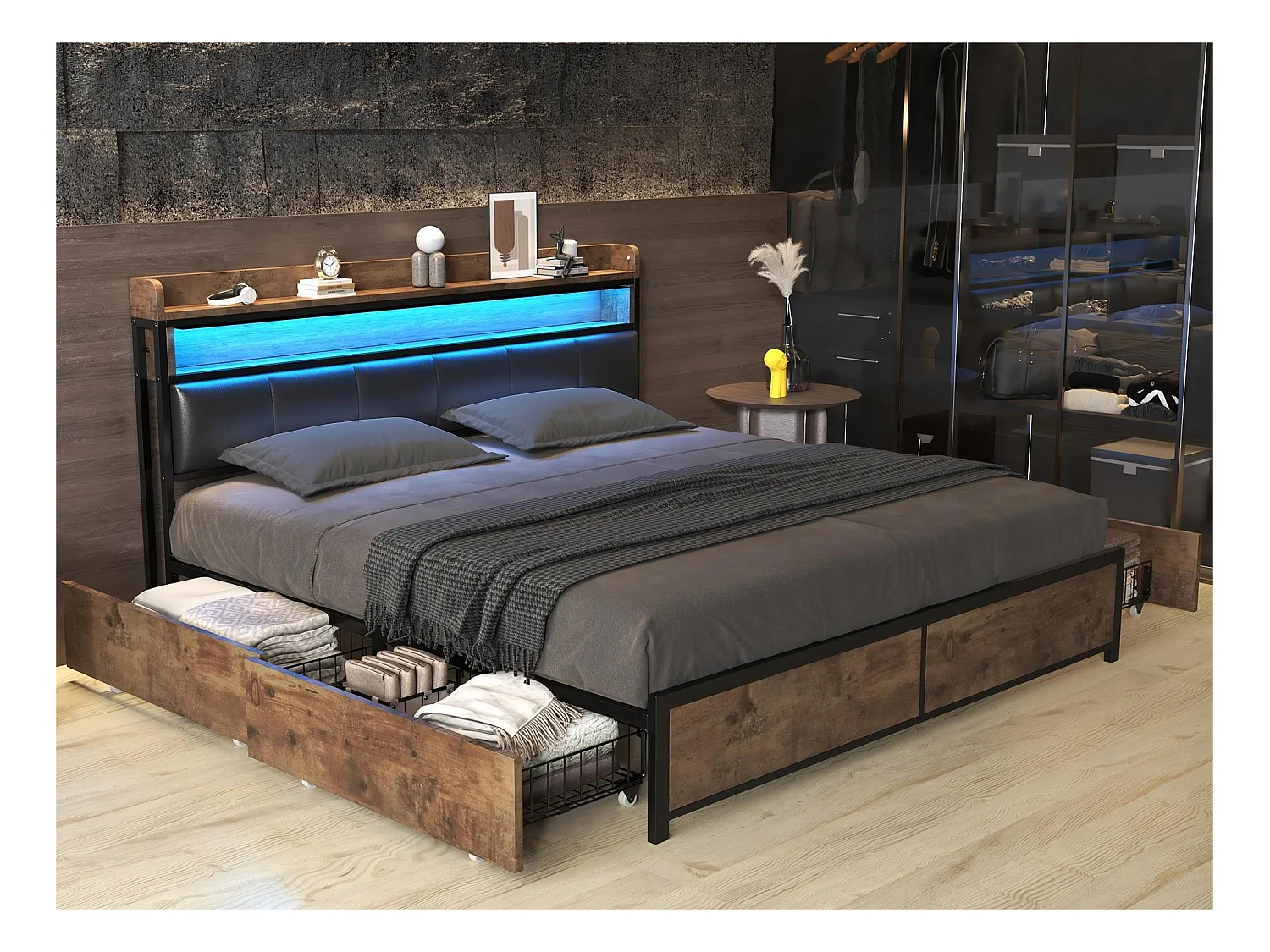 Lit capitonné avec tête de lit - 160 x 200 cm - 4 tiroirs - LEDs - sommier à lattes - coloris marron et noir