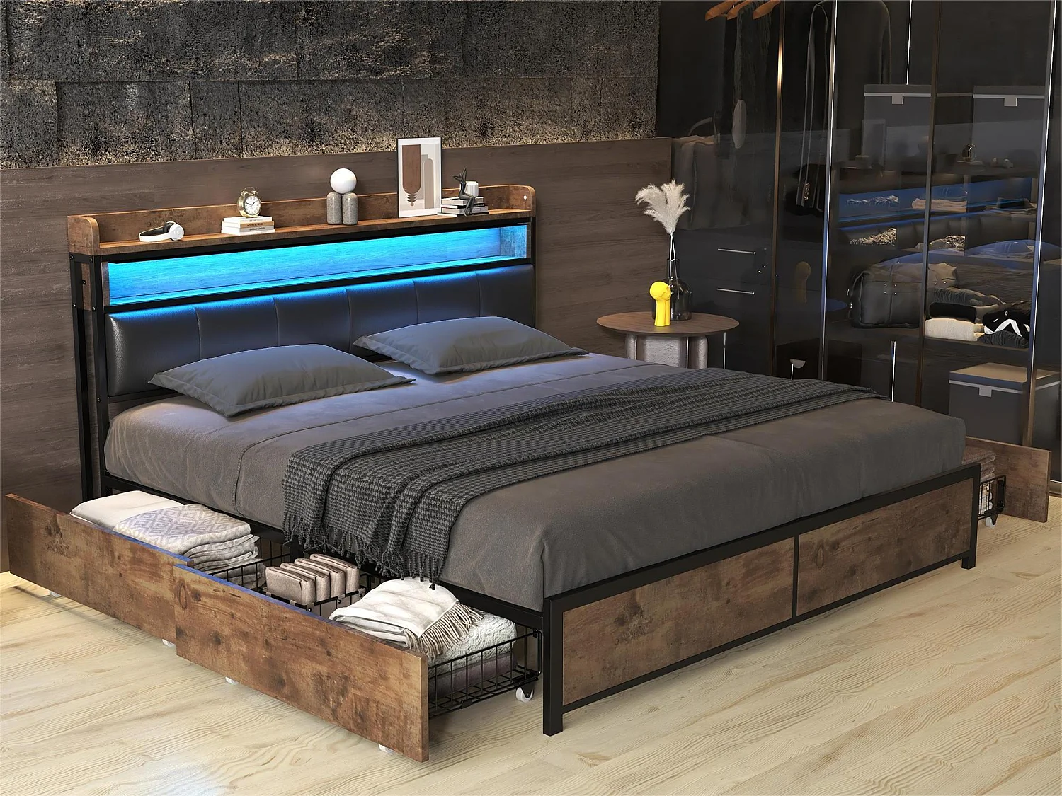 Letto imbottito con testiera - 160 x 200 cm - 4 cassetti - LED - rete a doghe - colori marrone e nero