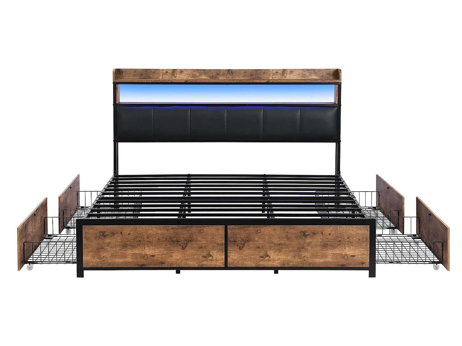 Letto imbottito con testiera - 160 x 200 cm - 4 cassetti - LED - rete a doghe - colori marrone e nero