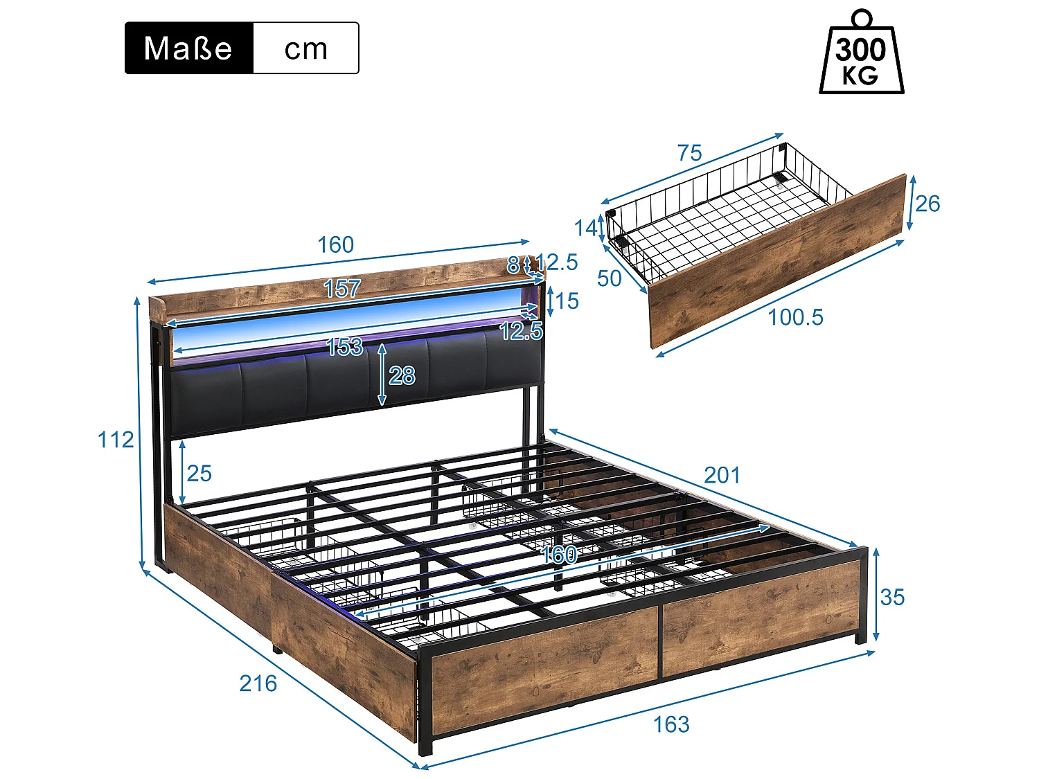 Letto imbottito con testiera - 160 x 200 cm - 4 cassetti - LED - rete a doghe - colori marrone e nero