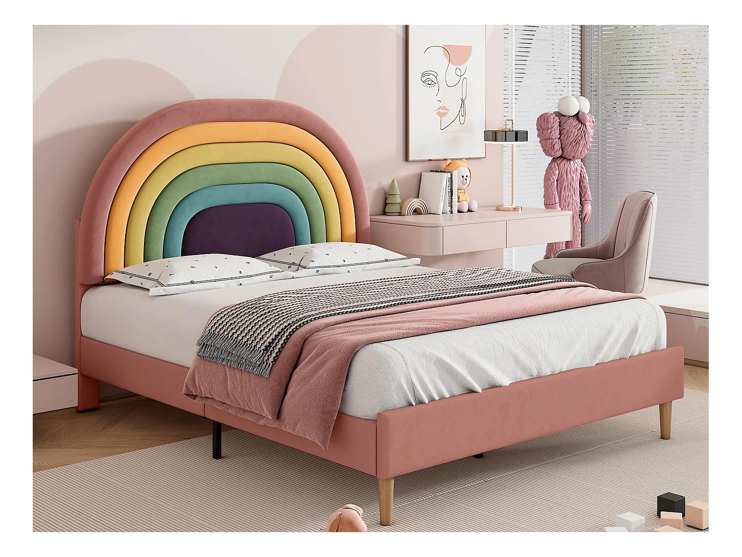 Lit avec tête de lit réglable - 140 x 200 cm - velours - sommier à lattes - coloris rose