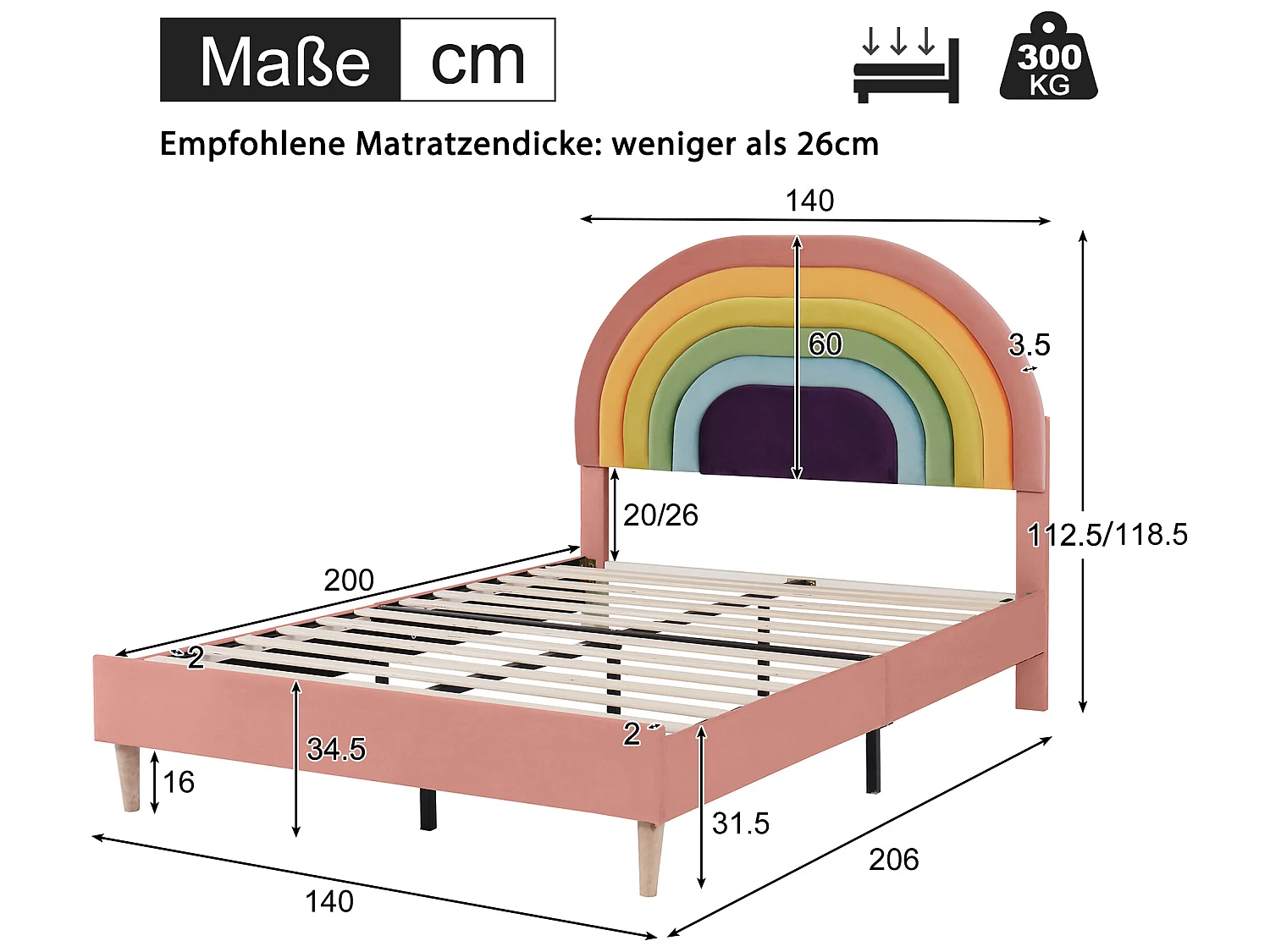 Łóżko z regulowanym zagłówkiem - 140 x 200 cm - aksamit - stelaż listwowy - kolor różowy