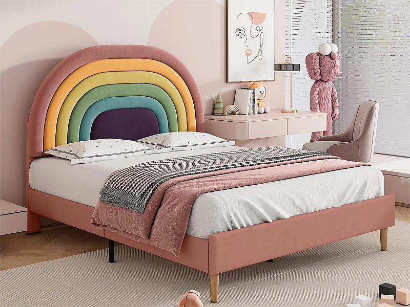 Cama com cabeceira regulável - 140 x 200 cm - veludo - base de ripas - cor rosa