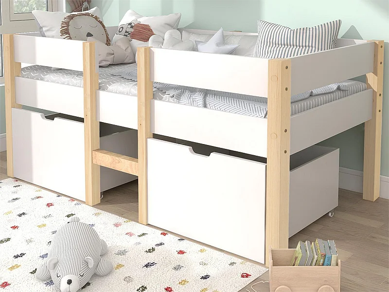 Mittelhohes Bett mit 2 großen Schubladen – 90 x 200 cm – Kiefernholz – Lattenrost – Farben: Weiß und Eiche