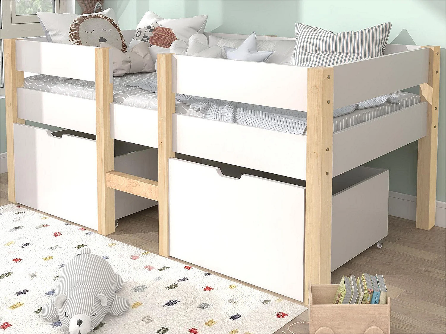 Mittelhohes Bett mit 2 großen Schubladen – 90 x 200 cm – Kiefernholz – Lattenrost – Farben: Weiß und Eiche