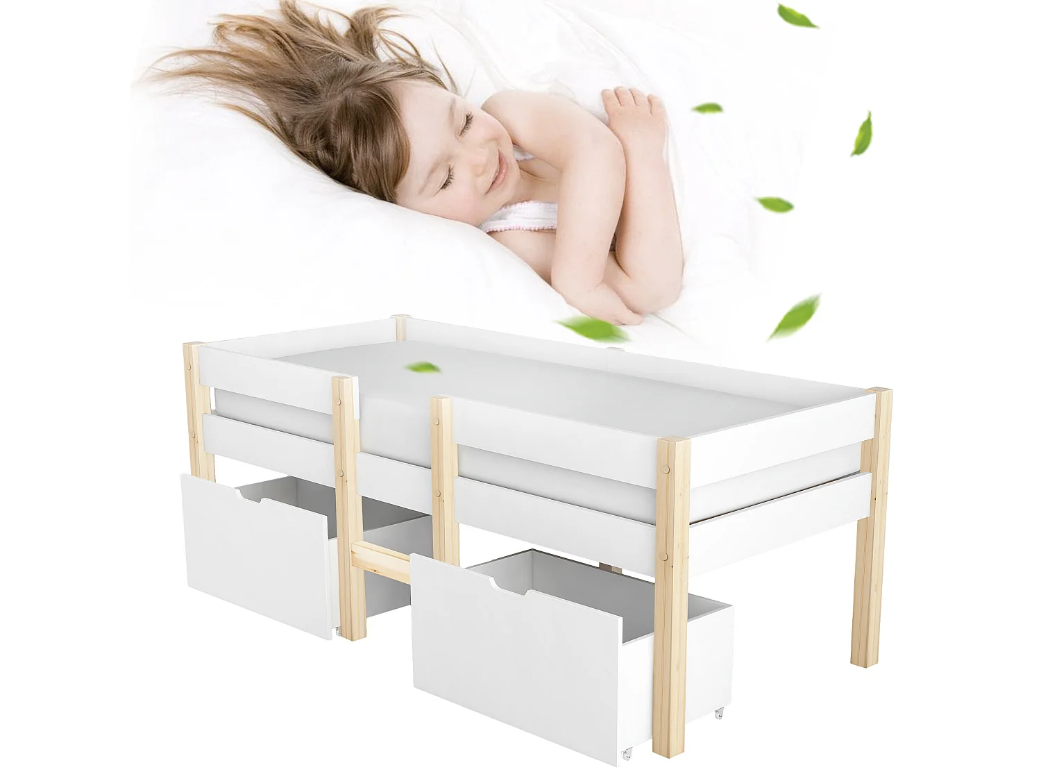 Mittelhohes Bett mit 2 großen Schubladen – 90 x 200 cm – Kiefernholz – Lattenrost – Farben: Weiß und Eiche