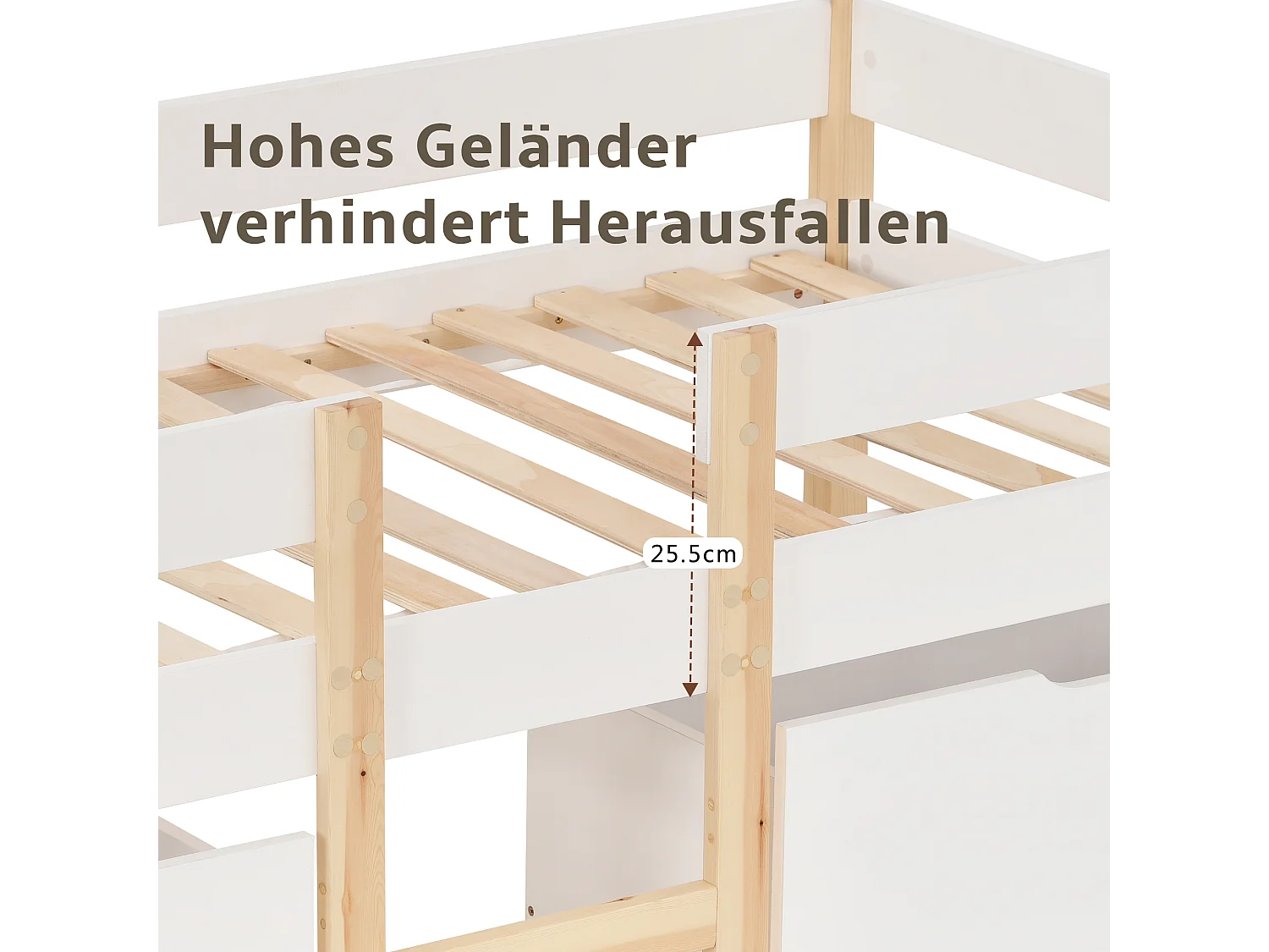 Mittelhohes Bett mit 2 großen Schubladen – 90 x 200 cm – Kiefernholz – Lattenrost – Farben: Weiß und Eiche